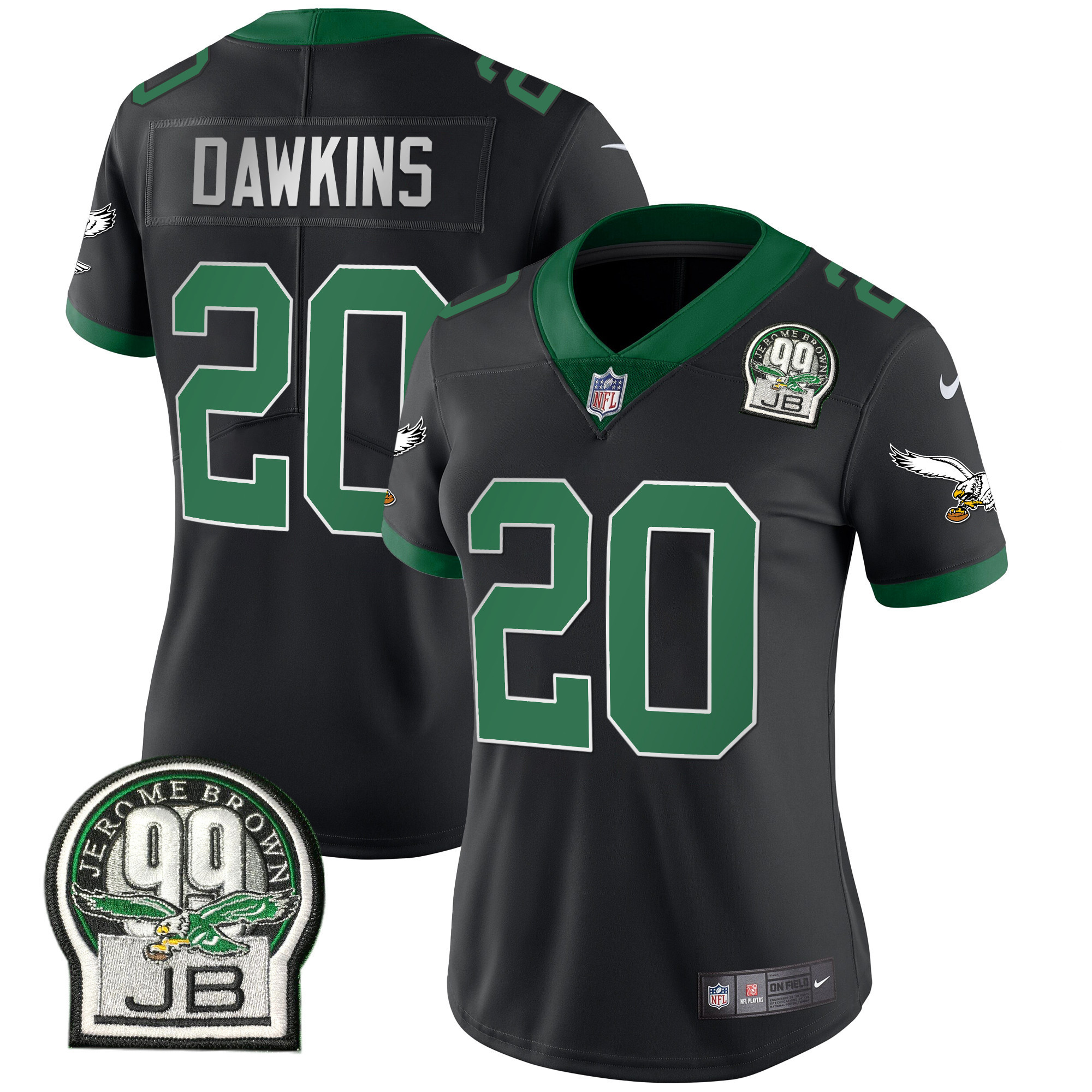 Brian Dawkins Women's Philadelphia Eagles Jerome Brown Retired Patch Gold & Kelly Kelly Black Jersey - All Stitched