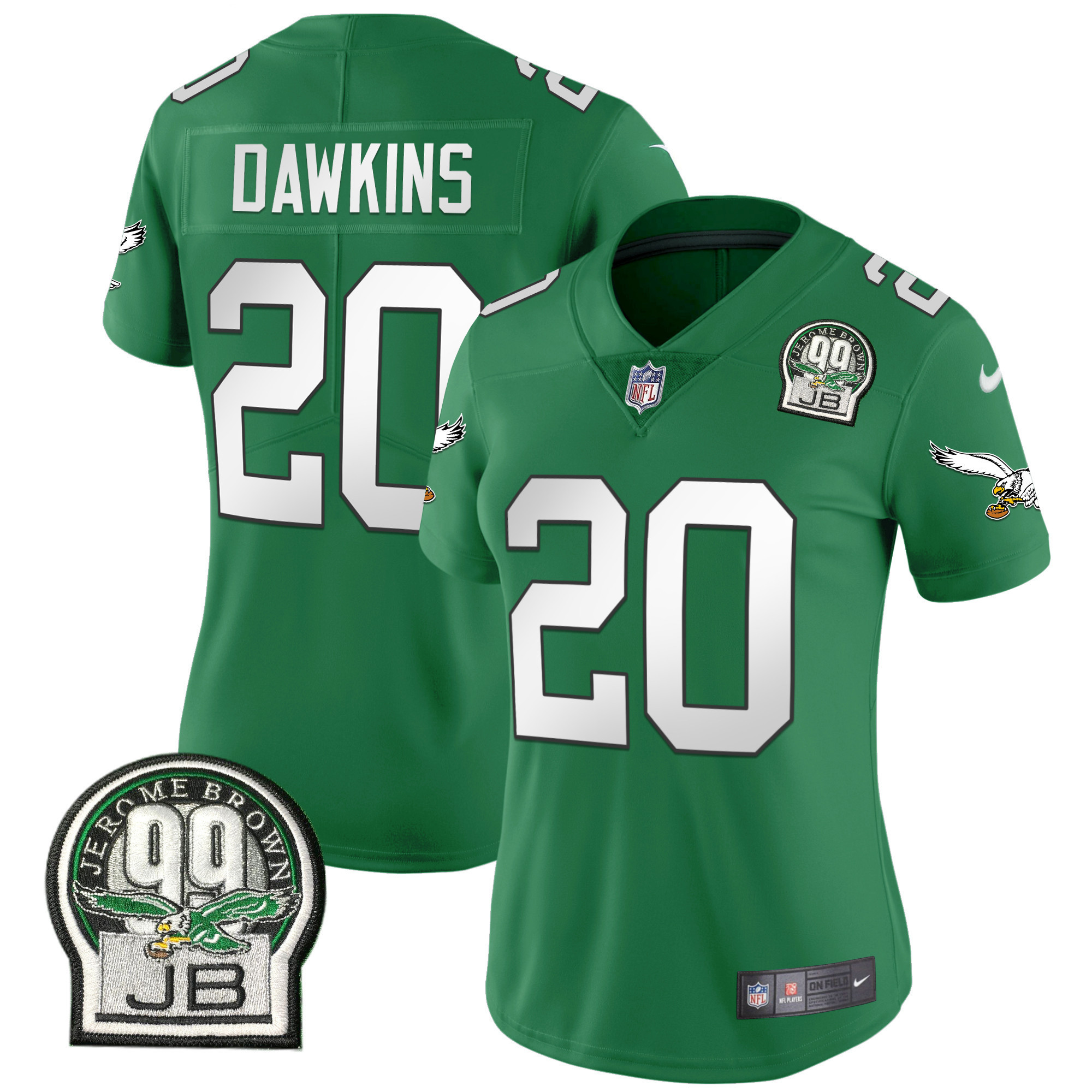 Brian Dawkins Women's Philadelphia Eagles Jerome Brown Retired Patch Gold & Kelly Kelly Green Jersey - All Stitched