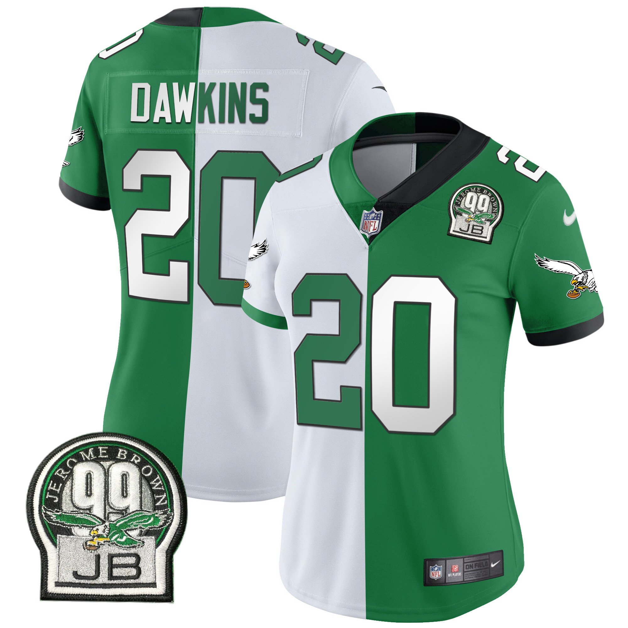 Brian Dawkins Women's Philadelphia Eagles Jerome Brown Retired Patch Gold & Kelly Split Jersey - All Stitched