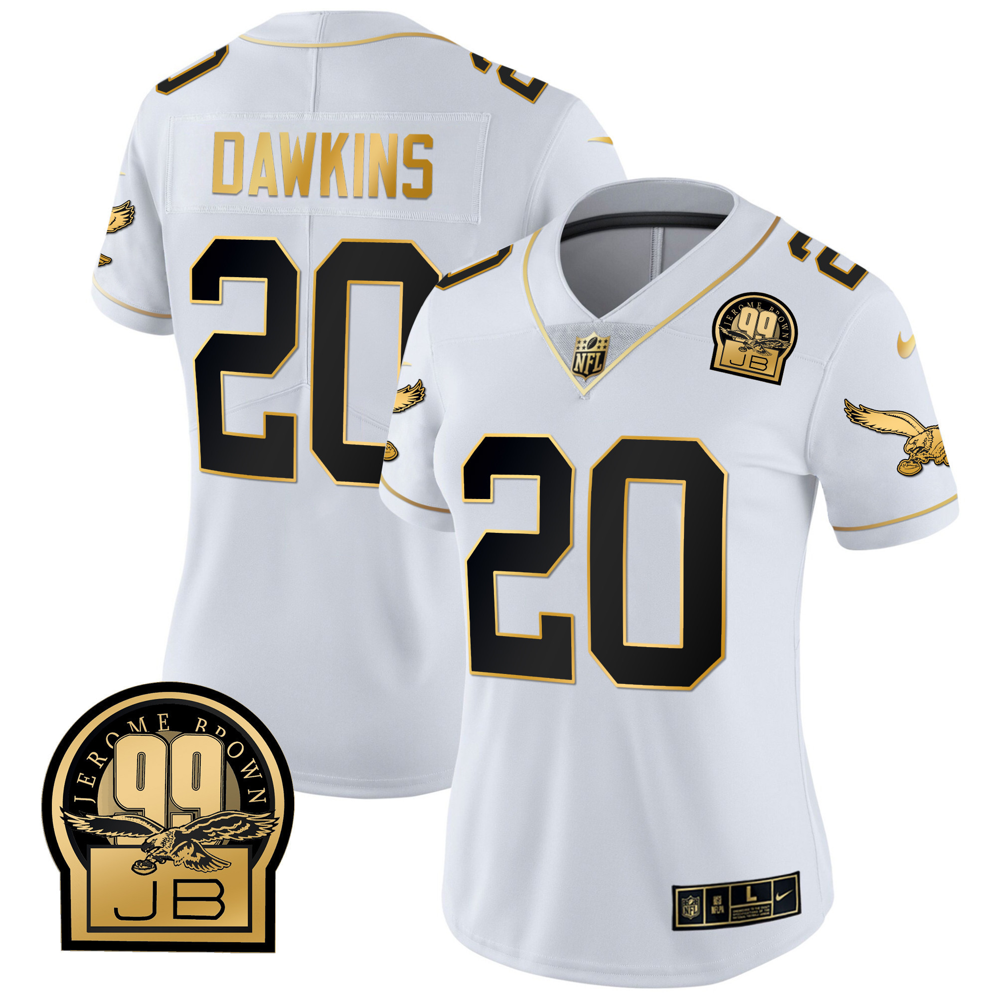 Brian Dawkins Women's Philadelphia Eagles Jerome Brown Retired Patch Gold & Kelly White Gold Jersey - All Stitched