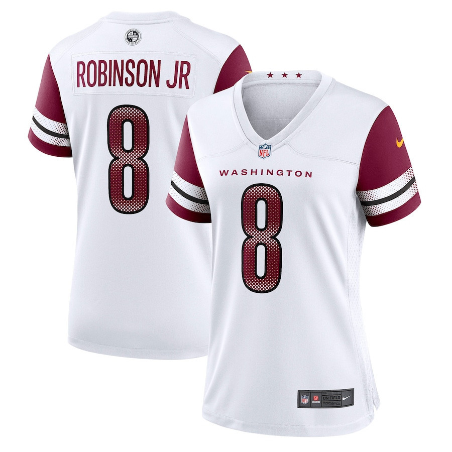 Brian Robinson Jr. 8 Washington Commanders Women’s Away Game Player Stitched Jersey – White