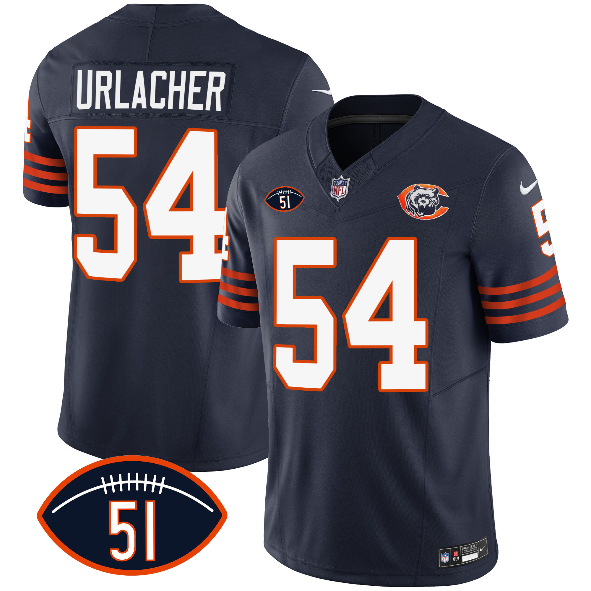 Brian Urlacher Men's Chicago Bears Throwback Dick Butkus Patch Navy Jersey - All Stitched 