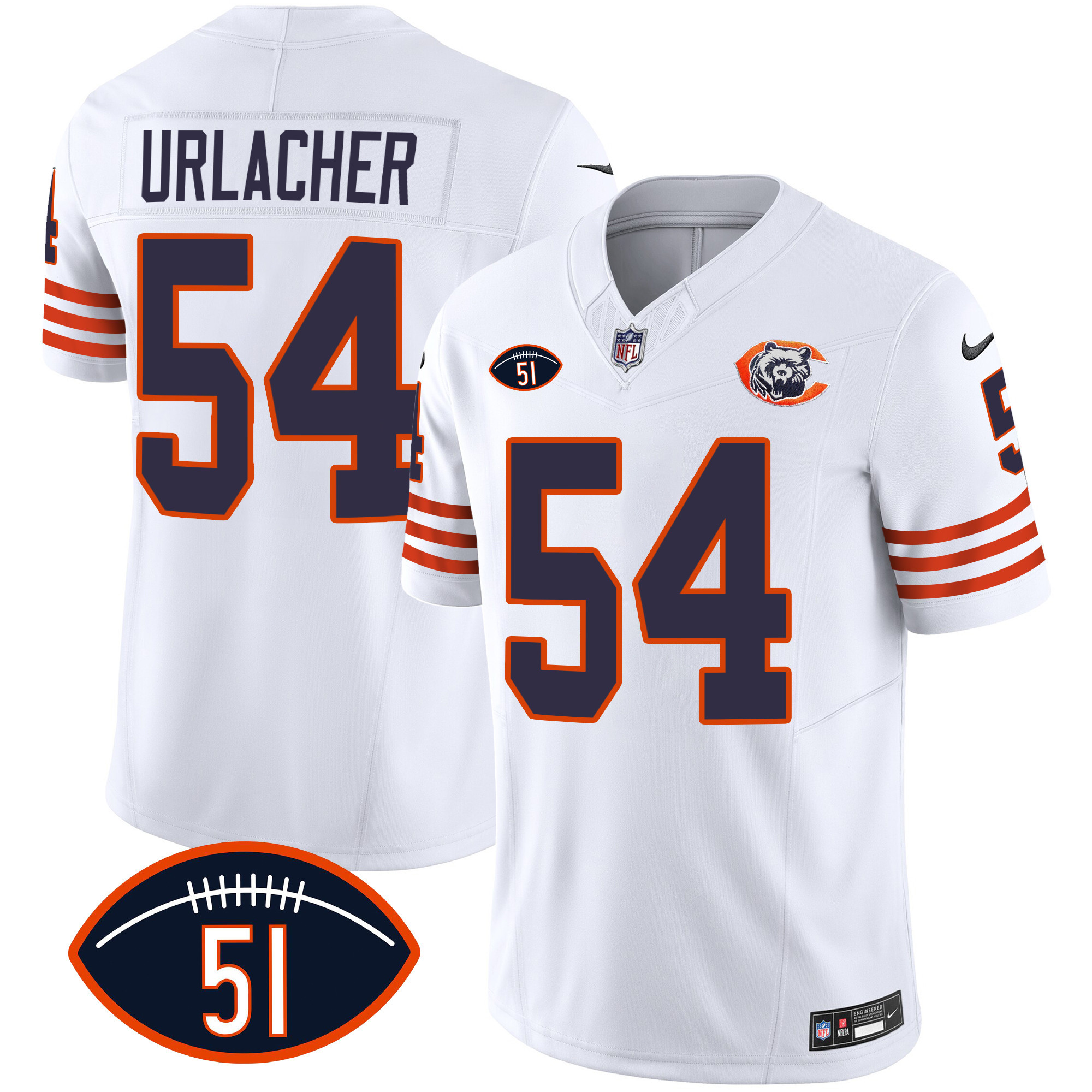 Brian Urlacher Men's Chicago Bears Throwback Dick Butkus Patch White Jersey - All Stitched 