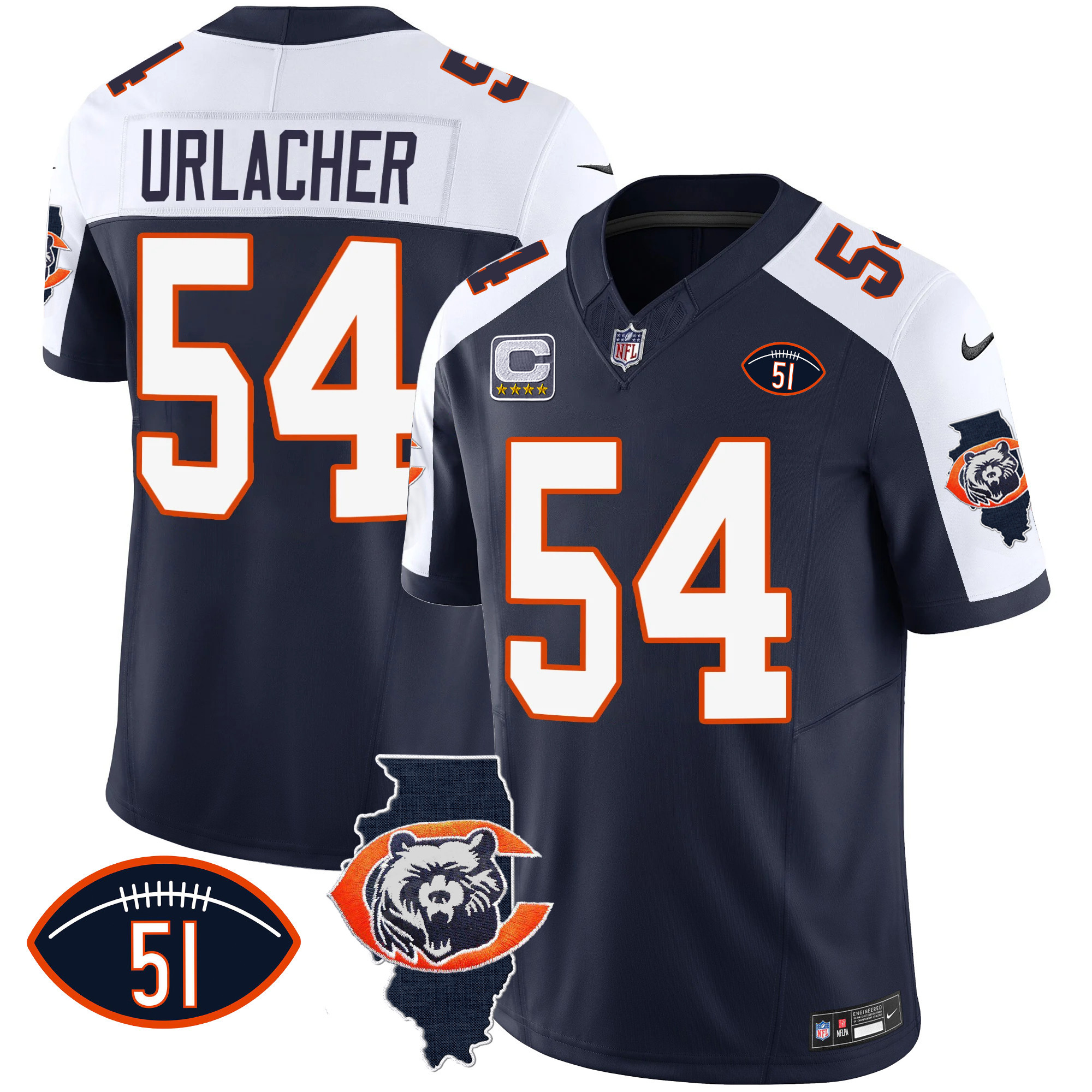 Brian Urlacher Men's Chicago Bears Throwback Illinois Patch Vapor Navy Alternate Jersey - All Stitched 