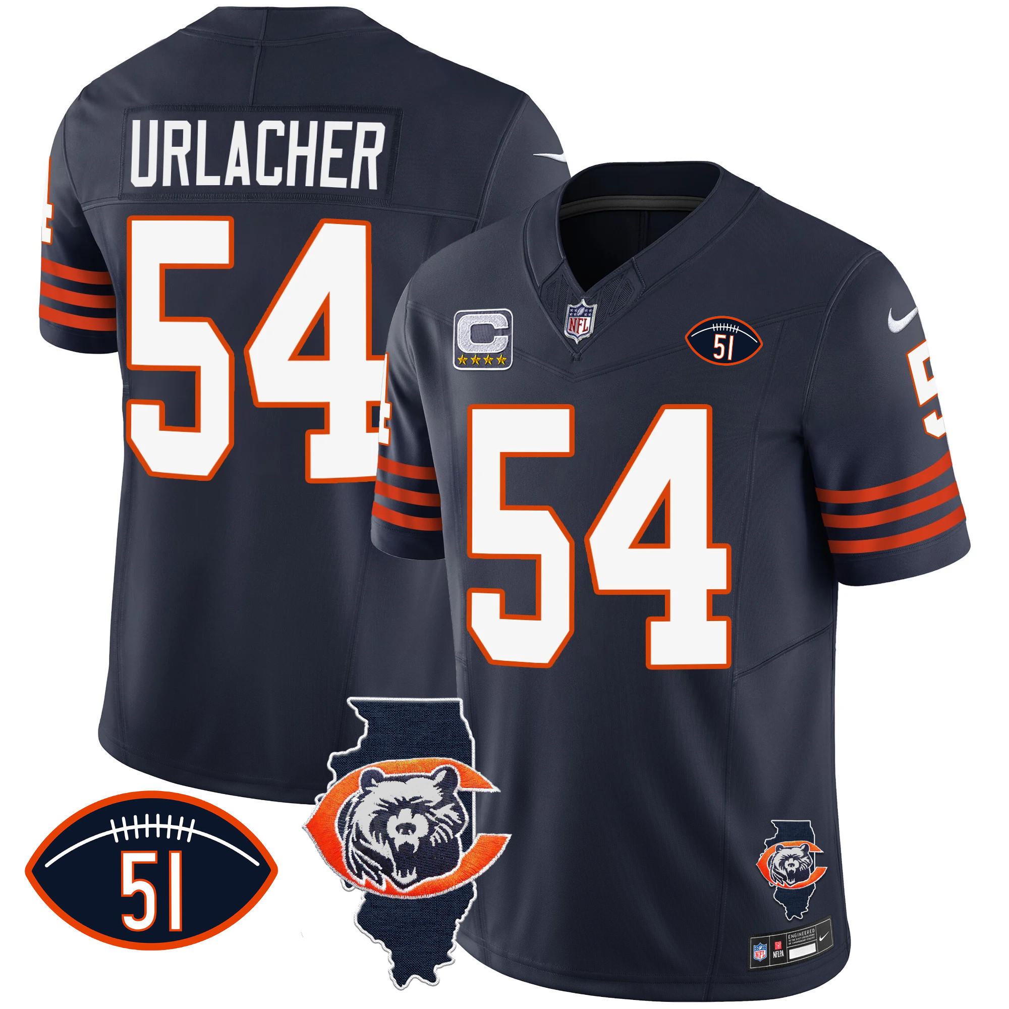 Brian Urlacher Men's Chicago Bears Throwback Illinois Patch Vapor Navy Jersey - All Stitched 