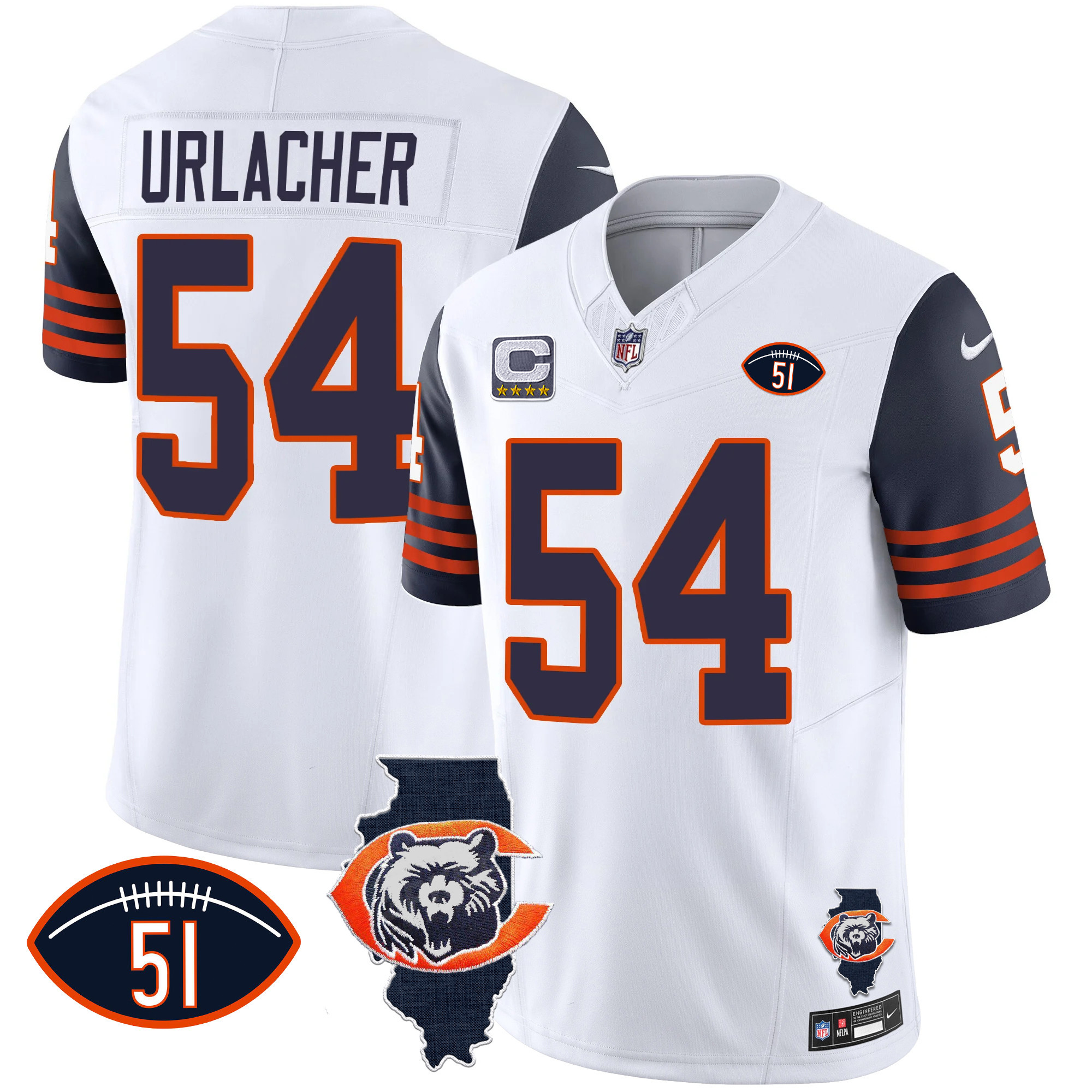 Brian Urlacher Men's Chicago Bears Throwback Illinois Patch Vapor Navy Sleeves Jersey - All Stitched 