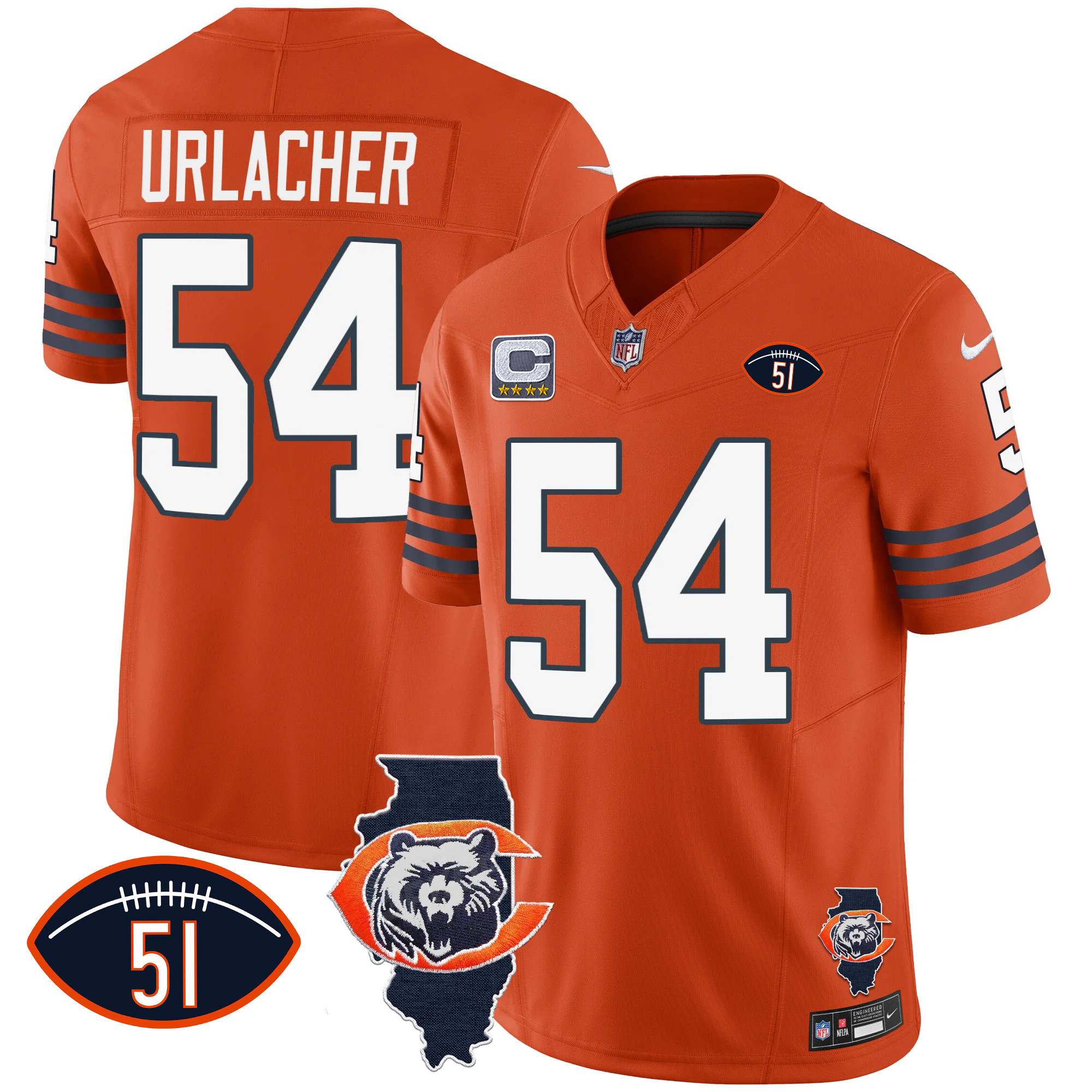 Brian Urlacher Men's Chicago Bears Throwback Illinois Patch Vapor Orange Jersey - All Stitched 