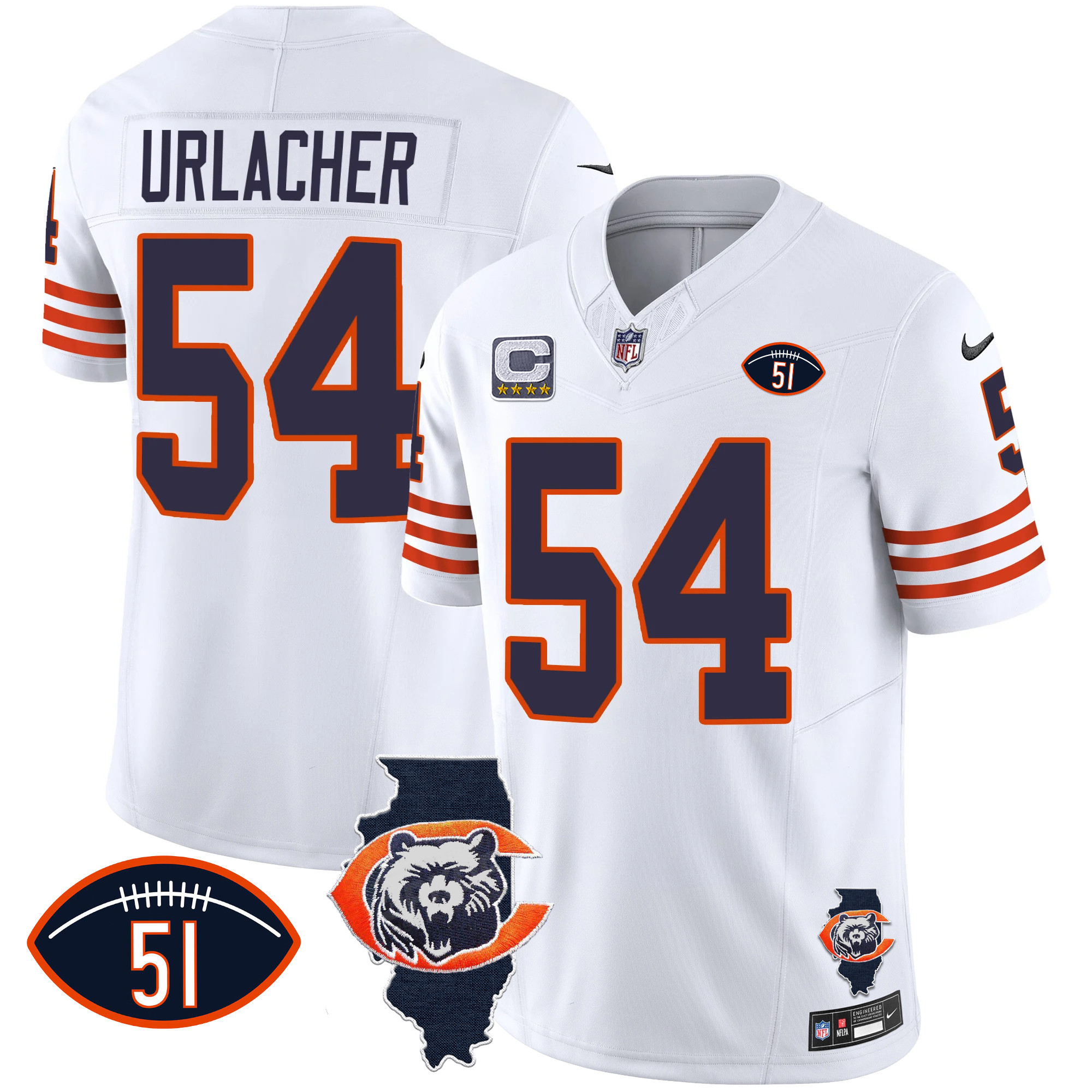 Brian Urlacher Men's Chicago Bears Throwback Illinois Patch Vapor White Jersey - All Stitched 