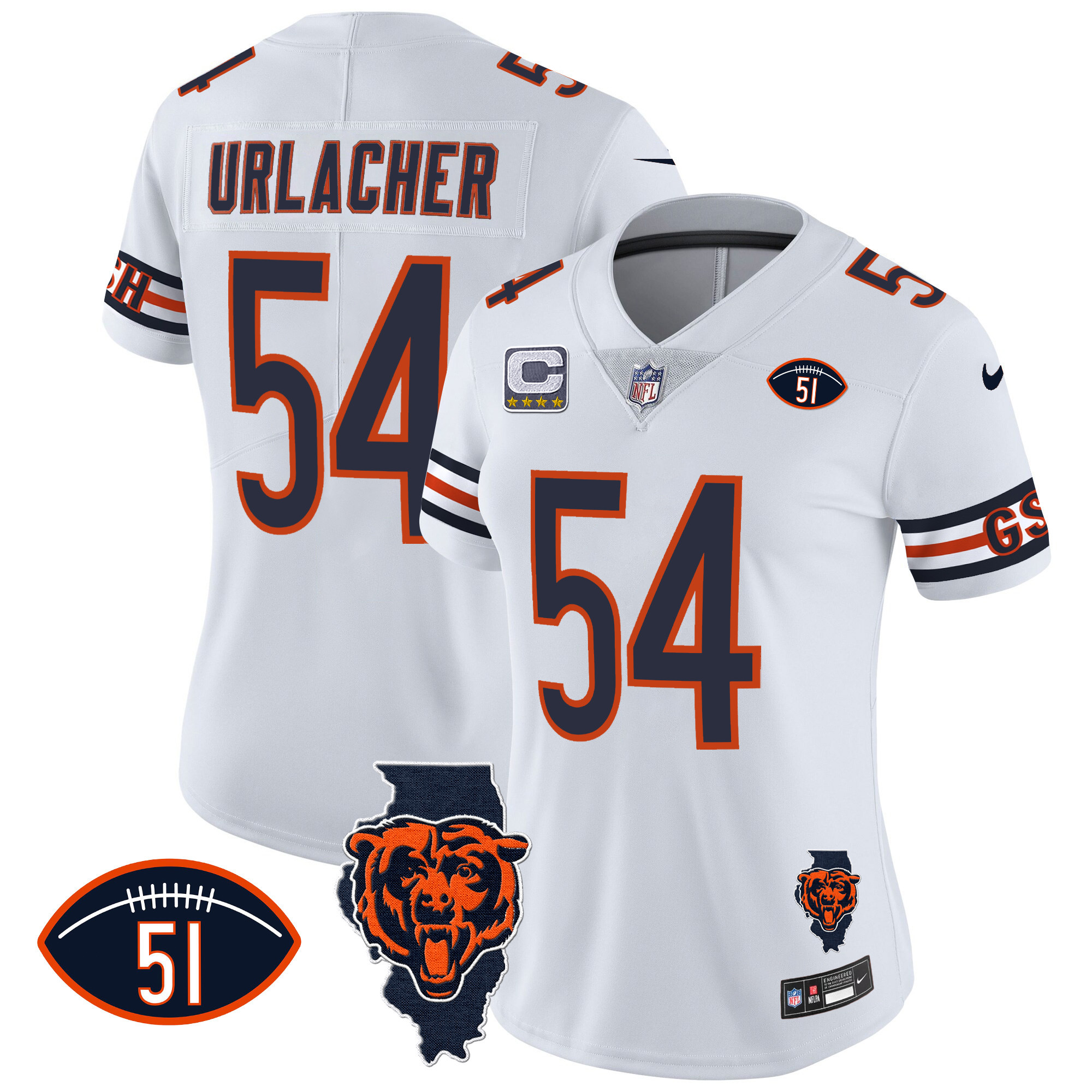Brian Urlacher Women's Chicago Bears Illinois Patch Vapor White Jersey - All Stitched 