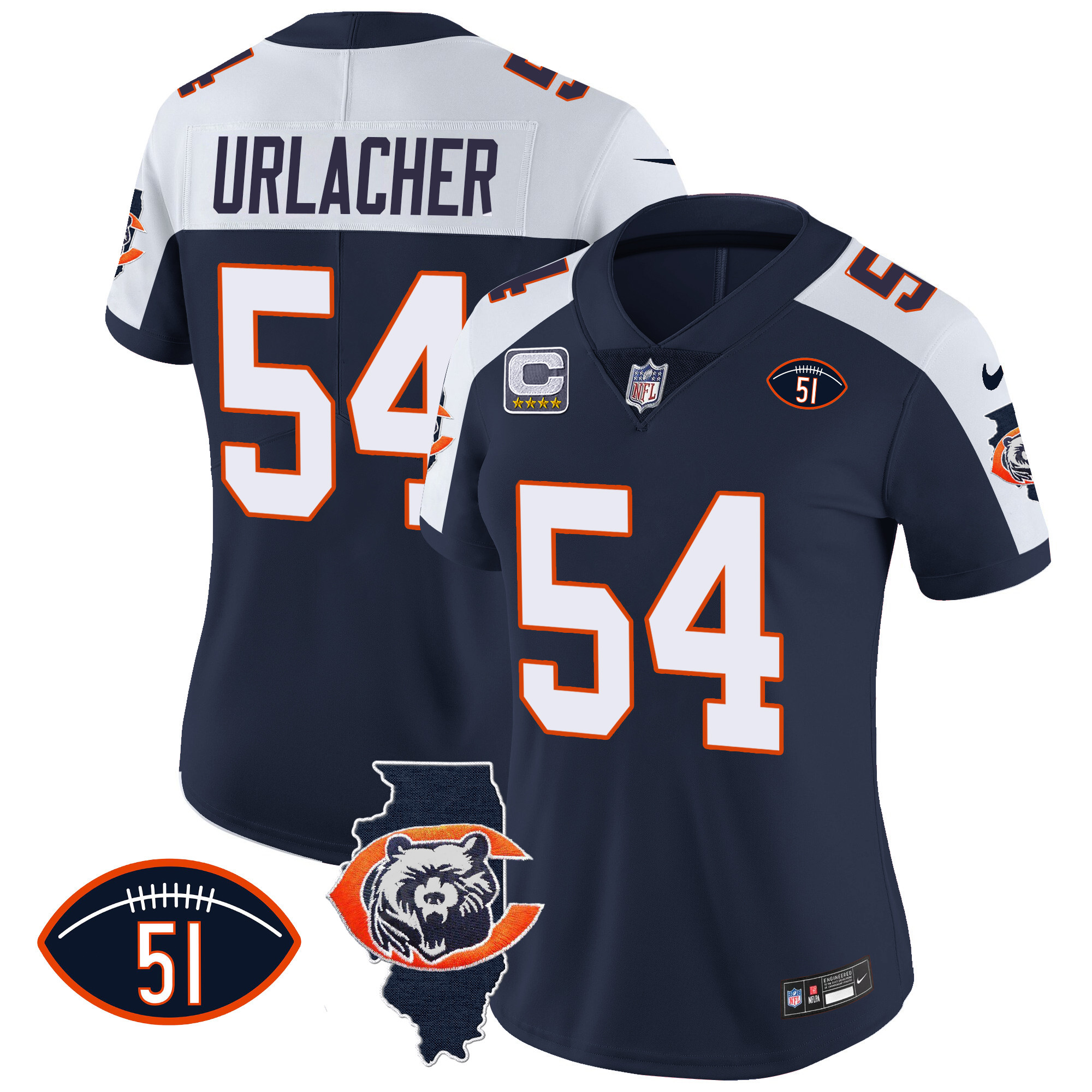 Brian Urlacher Women's Chicago Bears Throwback Illinois Patch Vapor Navy Alternate Jersey - All Stitched 