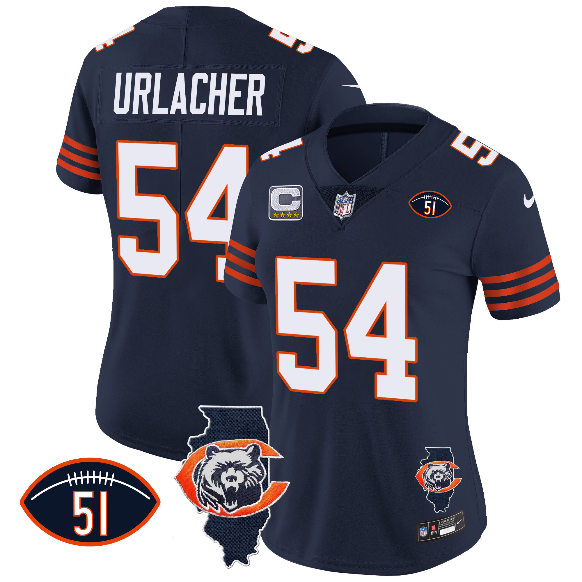 Brian Urlacher Women's Chicago Bears Throwback Illinois Patch Vapor Navy Jersey - All Stitched 