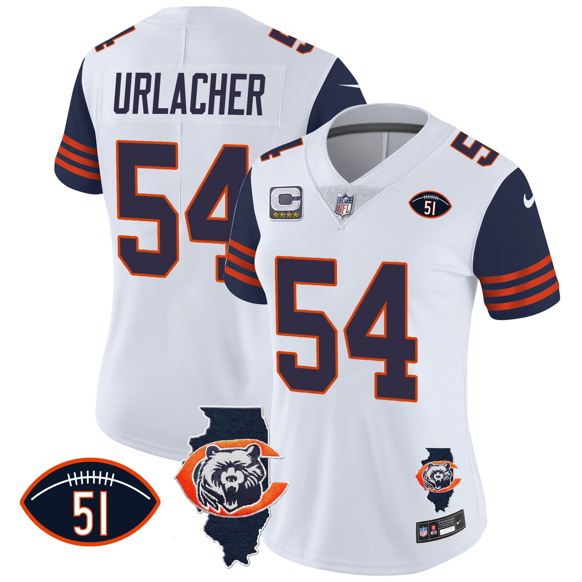 Brian Urlacher Women's Chicago Bears Throwback Illinois Patch Vapor Navy Sleeves Jersey - All Stitched 