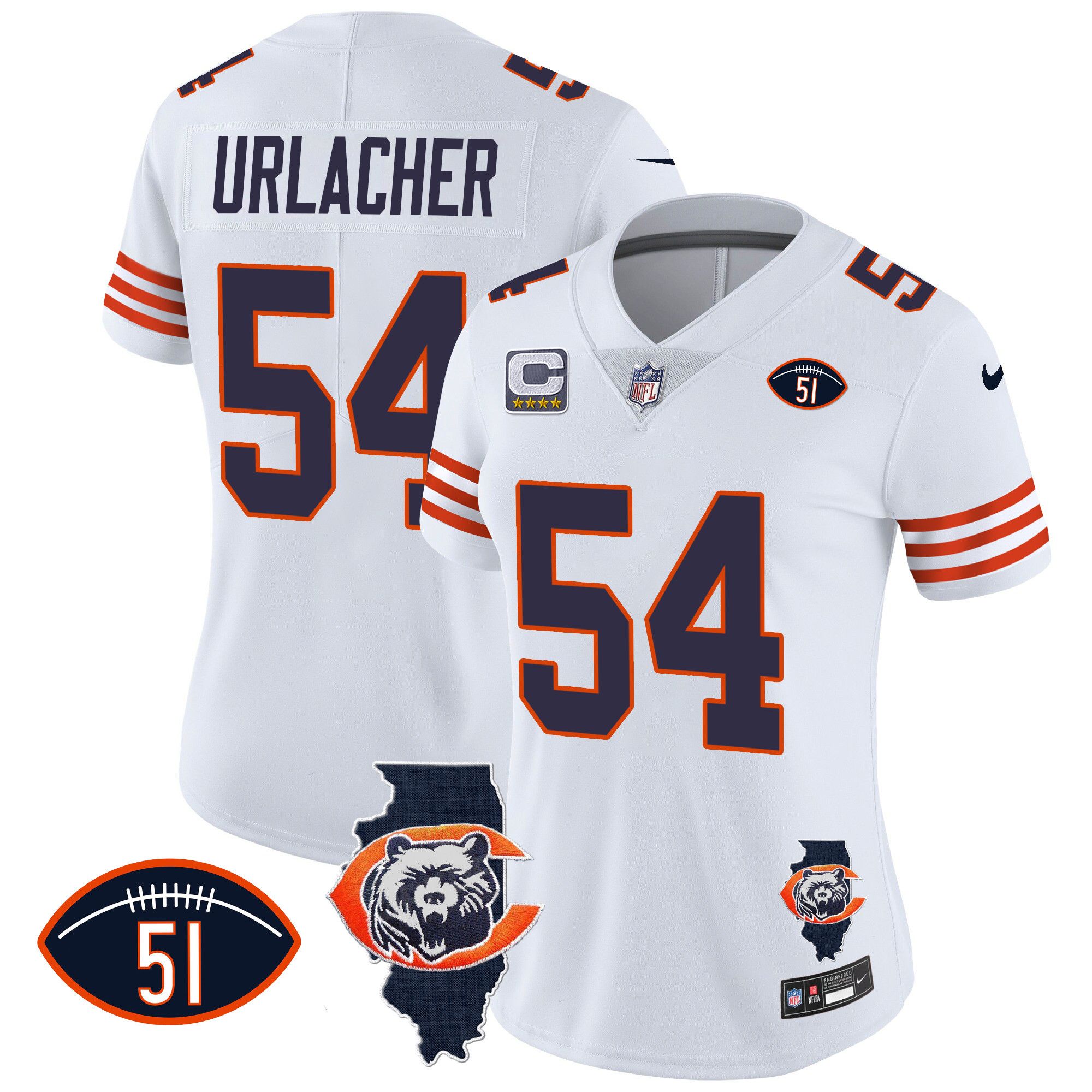 Brian Urlacher Women's Chicago Bears Throwback Illinois Patch Vapor White Jersey - All Stitched 