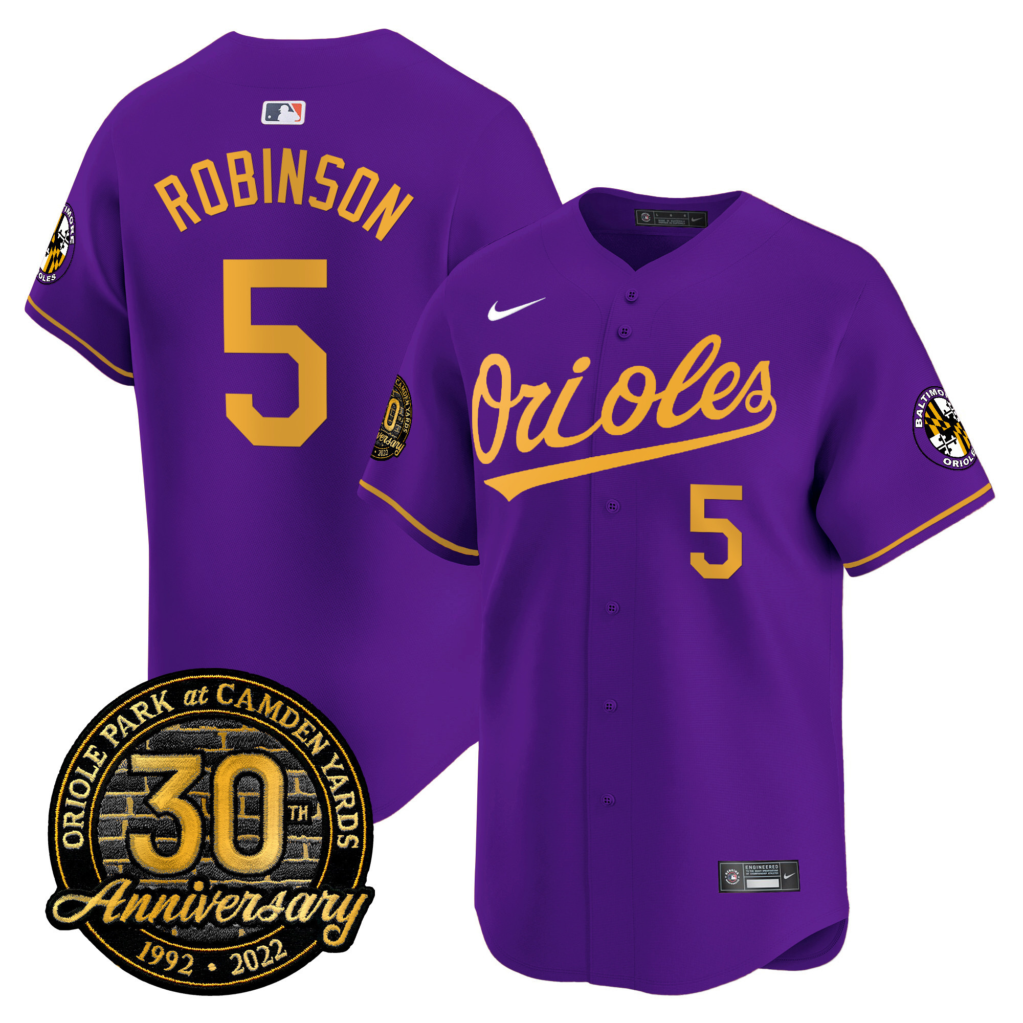 Brooks Robinson Men’s Baltimore Orioles Camden Yards 30th Anniversary Patch Vapor Premier Limited Purple Gold Jersey - All Stitched