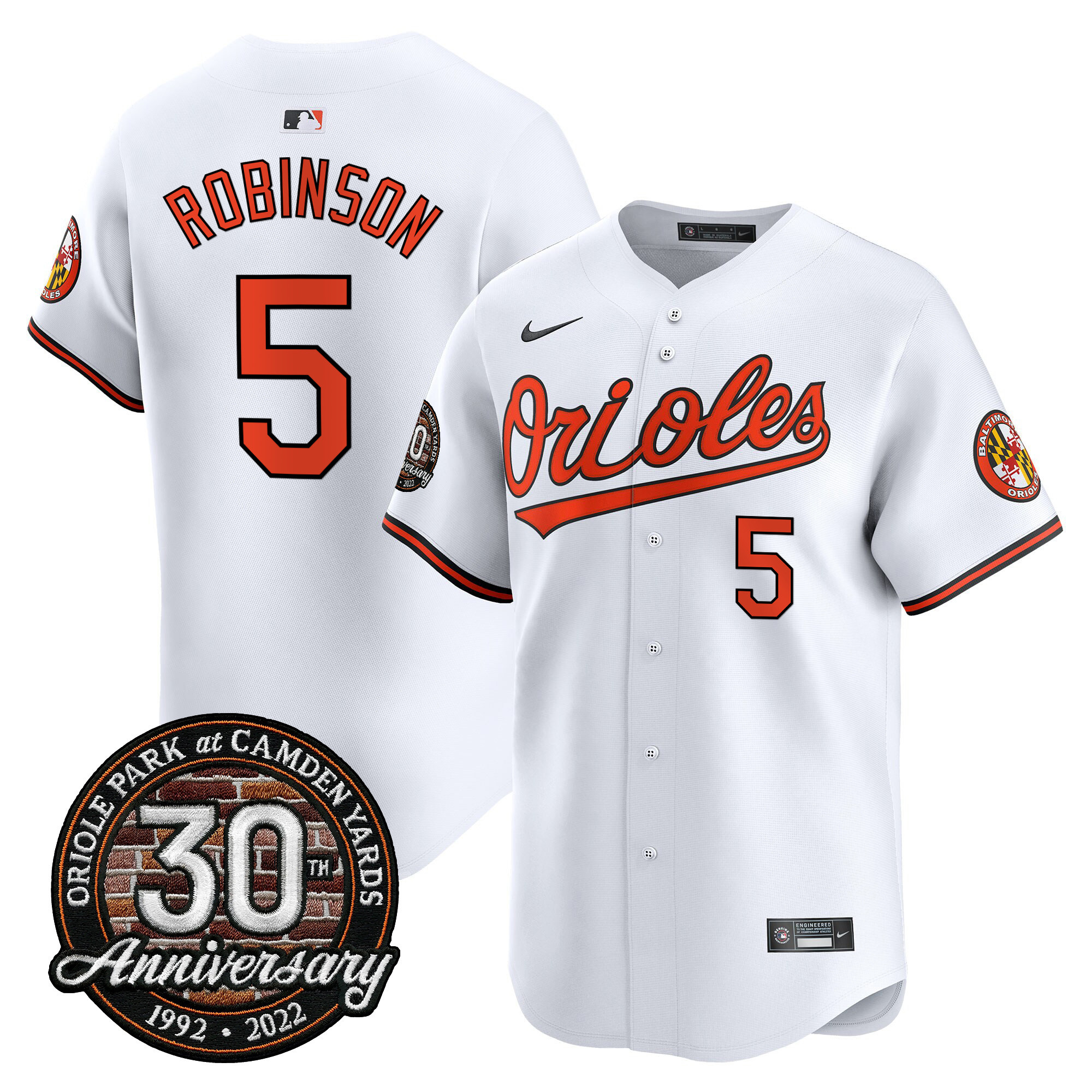 Brooks Robinson Men’s Baltimore Orioles Camden Yards 30th Anniversary Patch Vapor Premier Limited White Jersey - All Stitched