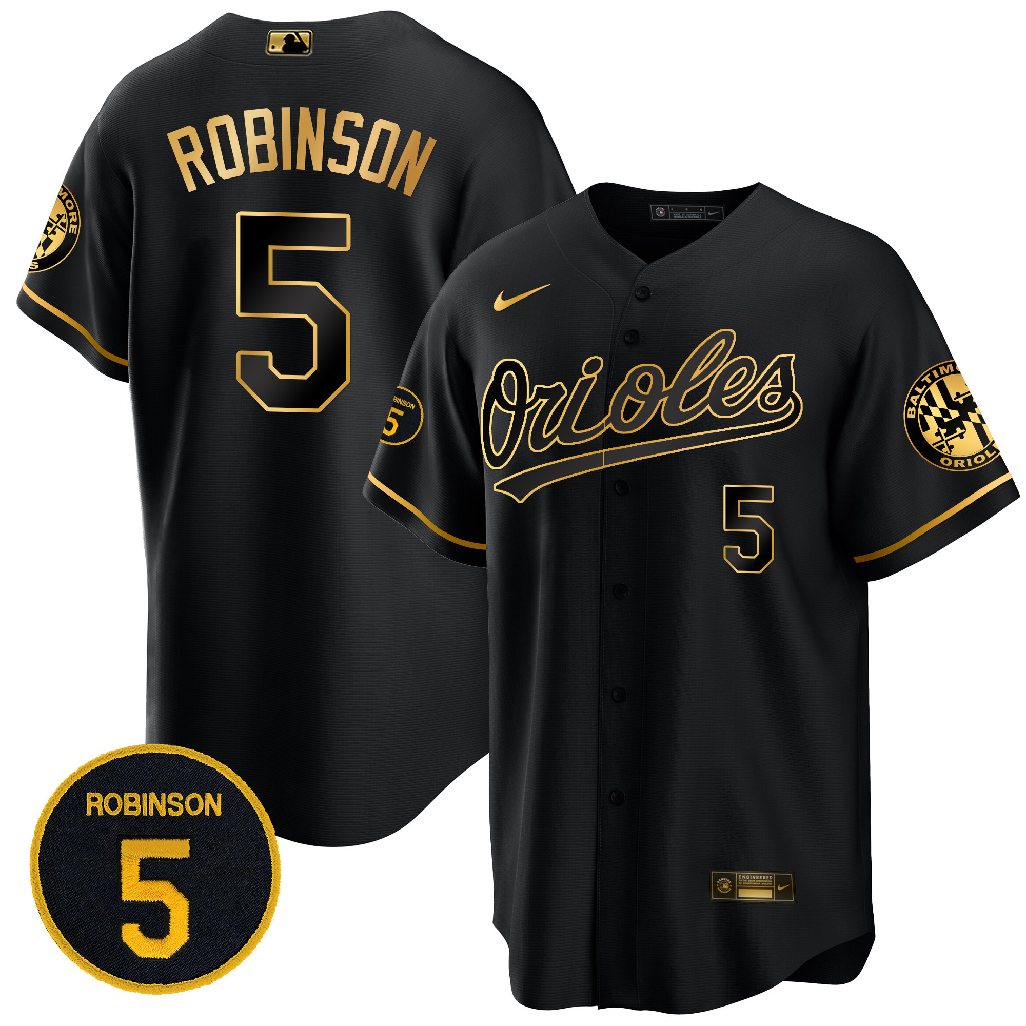 Brooks Robinson Men’s Baltimore Orioles Robinson Patch Cool Base Black Gold Jersey - All Stitched