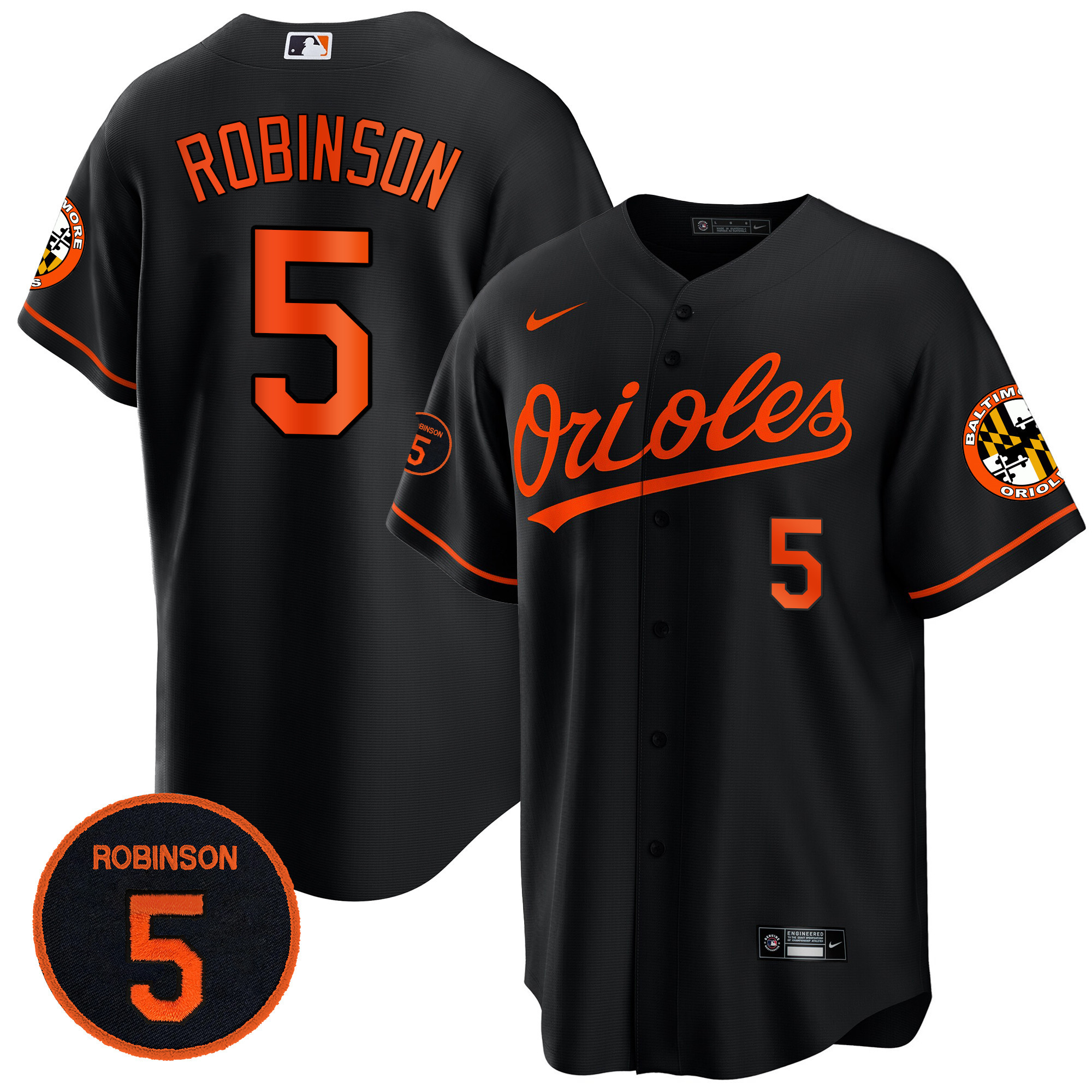 Brooks Robinson Men’s Baltimore Orioles Robinson Patch Cool Base Black Jersey - All Stitched