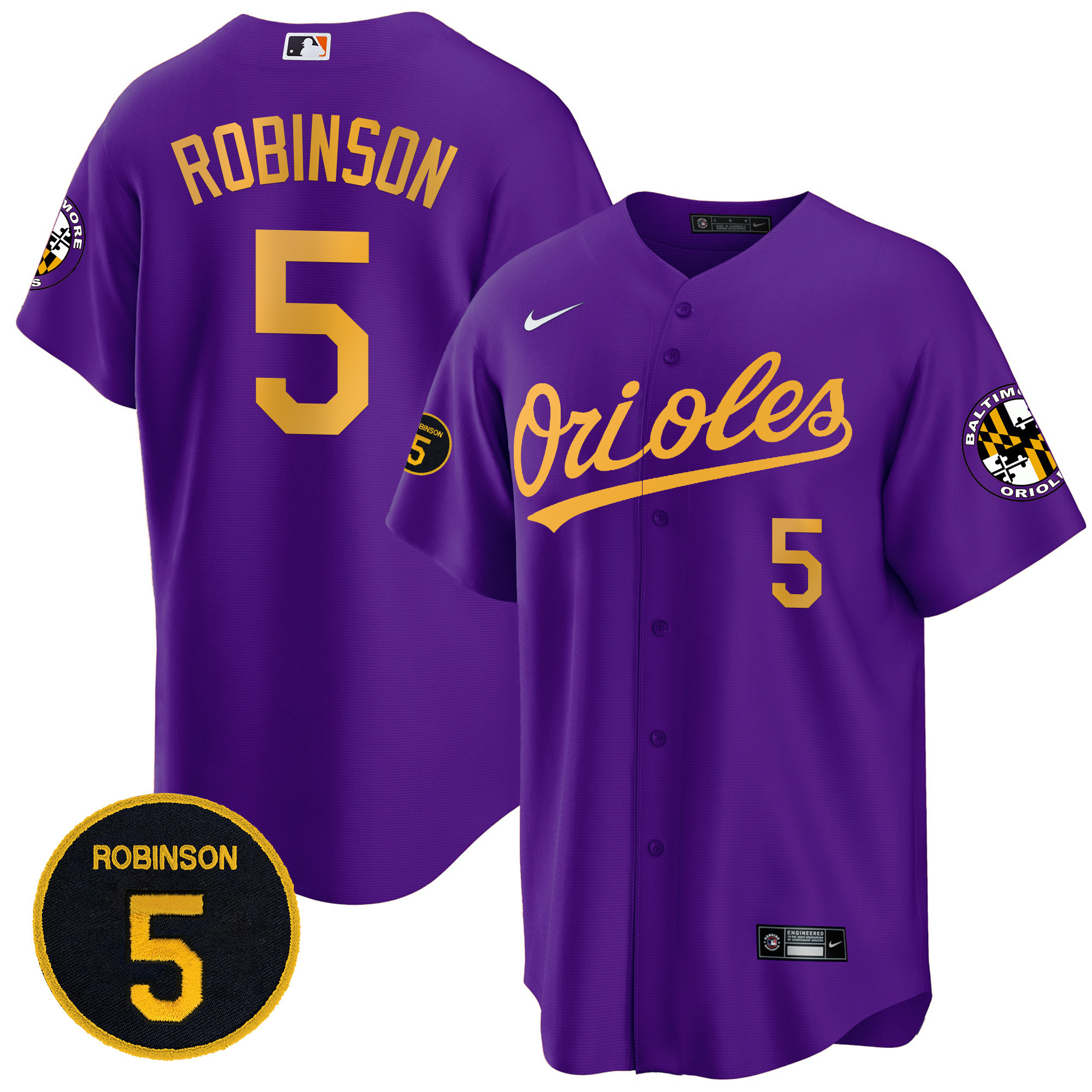 Brooks Robinson Men’s Baltimore Orioles Robinson Patch Cool Base Purple Gold Jersey - All Stitched