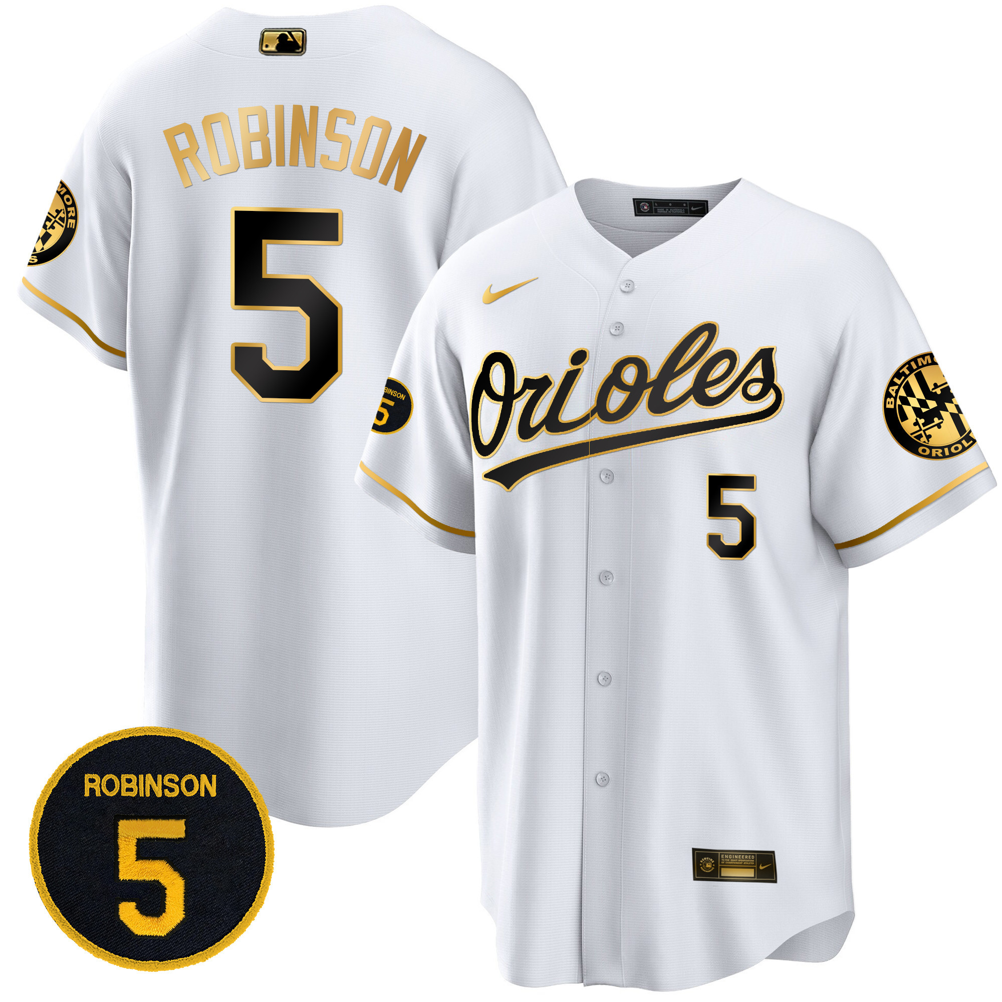 Brooks Robinson Men’s Baltimore Orioles Robinson Patch Cool Base White Gold Jersey - All Stitched