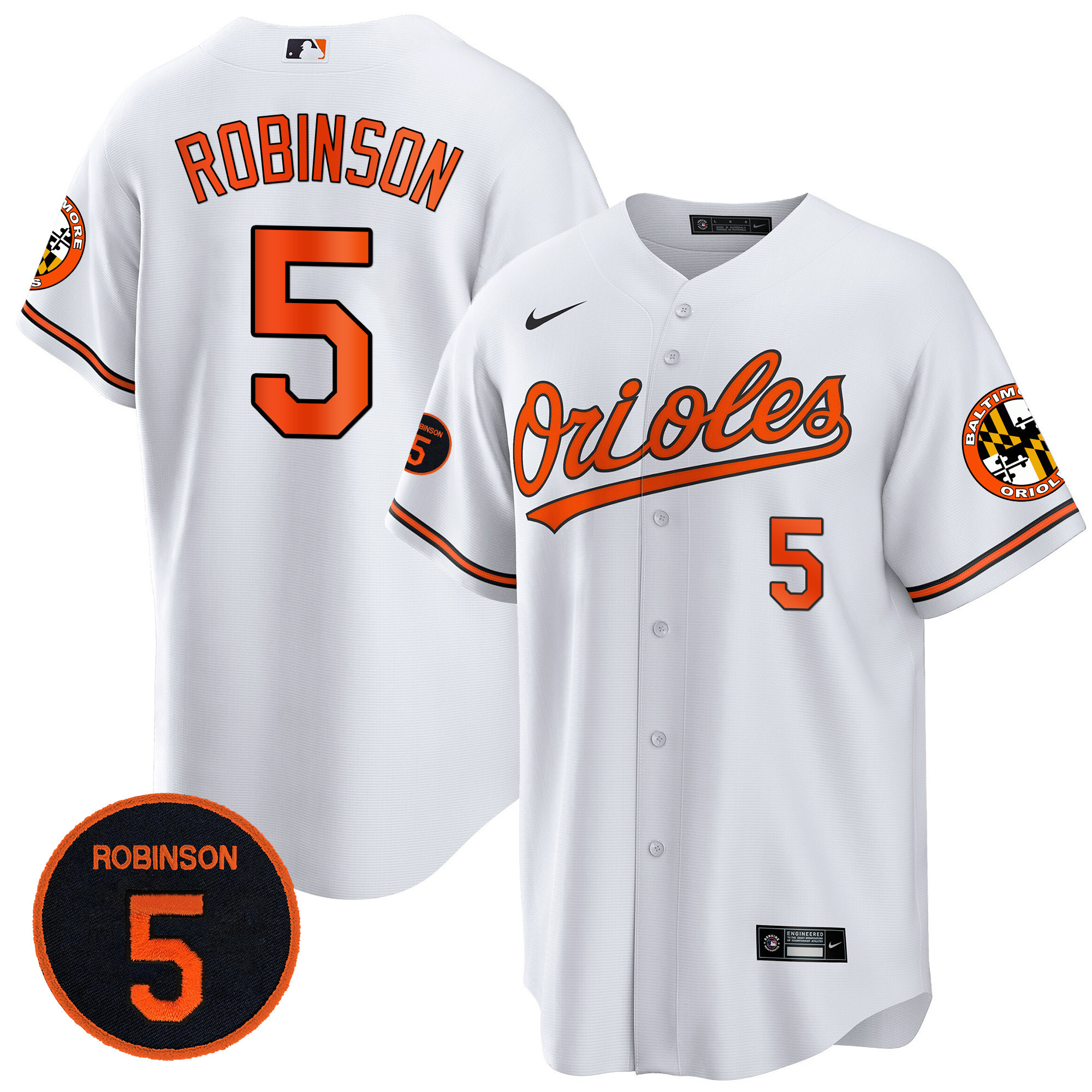 Brooks Robinson Men’s Baltimore Orioles Robinson Patch Cool Base White Jersey - All Stitched