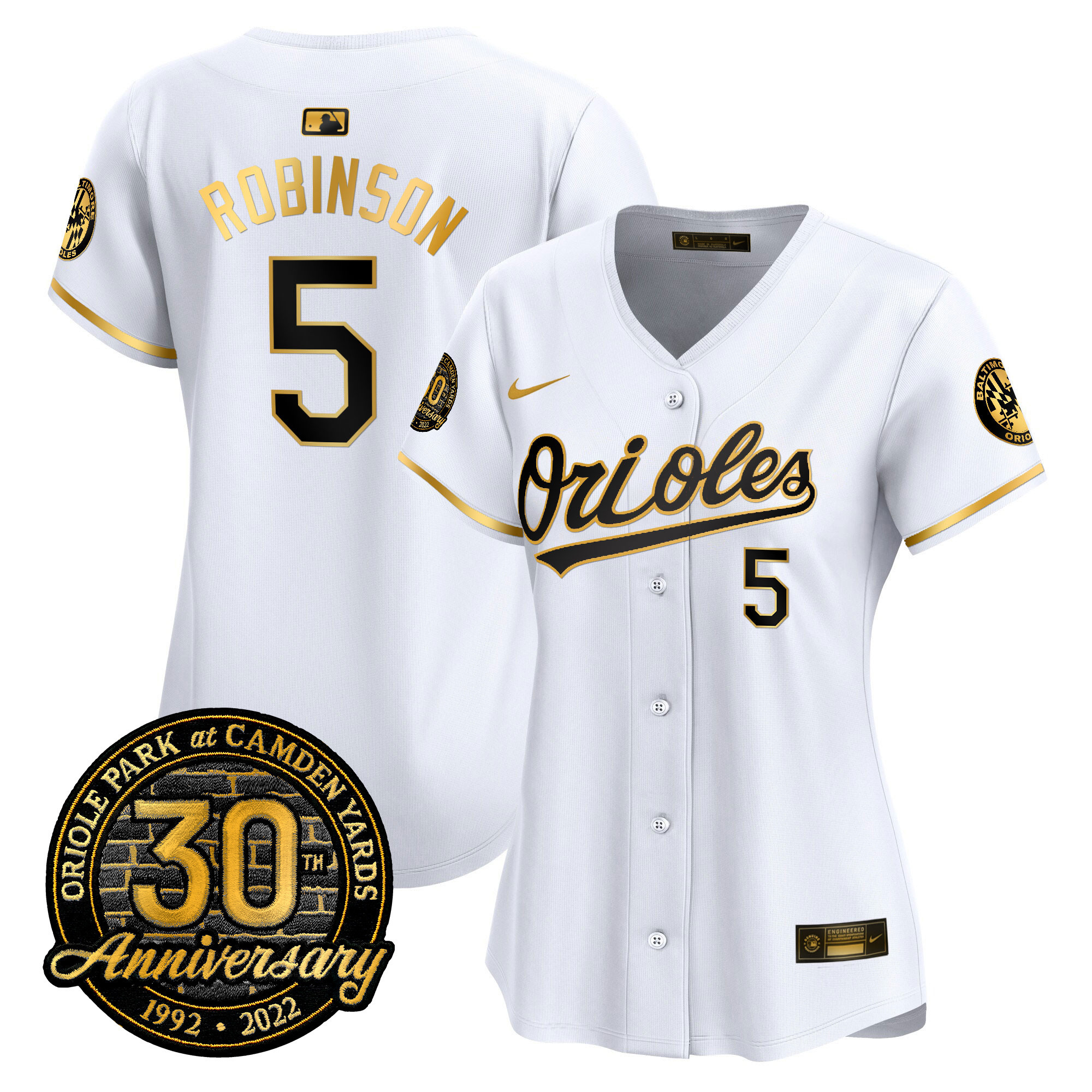 Brooks Robinson Women’s Baltimore Orioles Camden Yards 30th Anniversary Patch Vapor Premier Limited White Gold Jersey - All Stitched