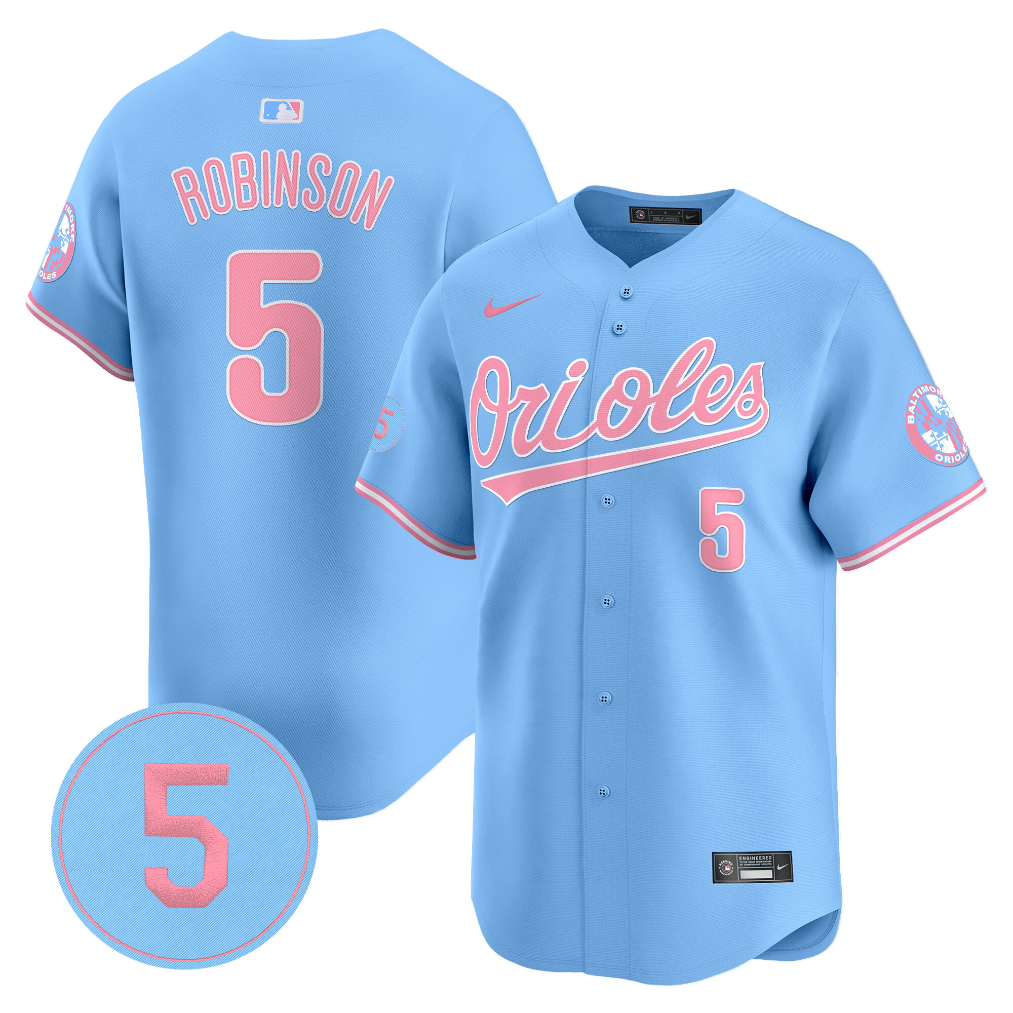 Brooks RobinsonUnisex Baltimore Orioles Bubblegum Pink Robinson Patch Vapor Premier Limited Light Blue Jersey - All Stitched