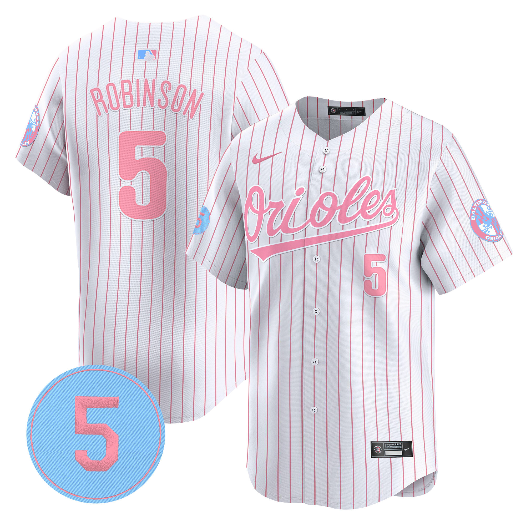 Brooks RobinsonUnisex Baltimore Orioles Bubblegum Pink Robinson Patch Vapor Premier Limited Pinstripe Jersey - All Stitched