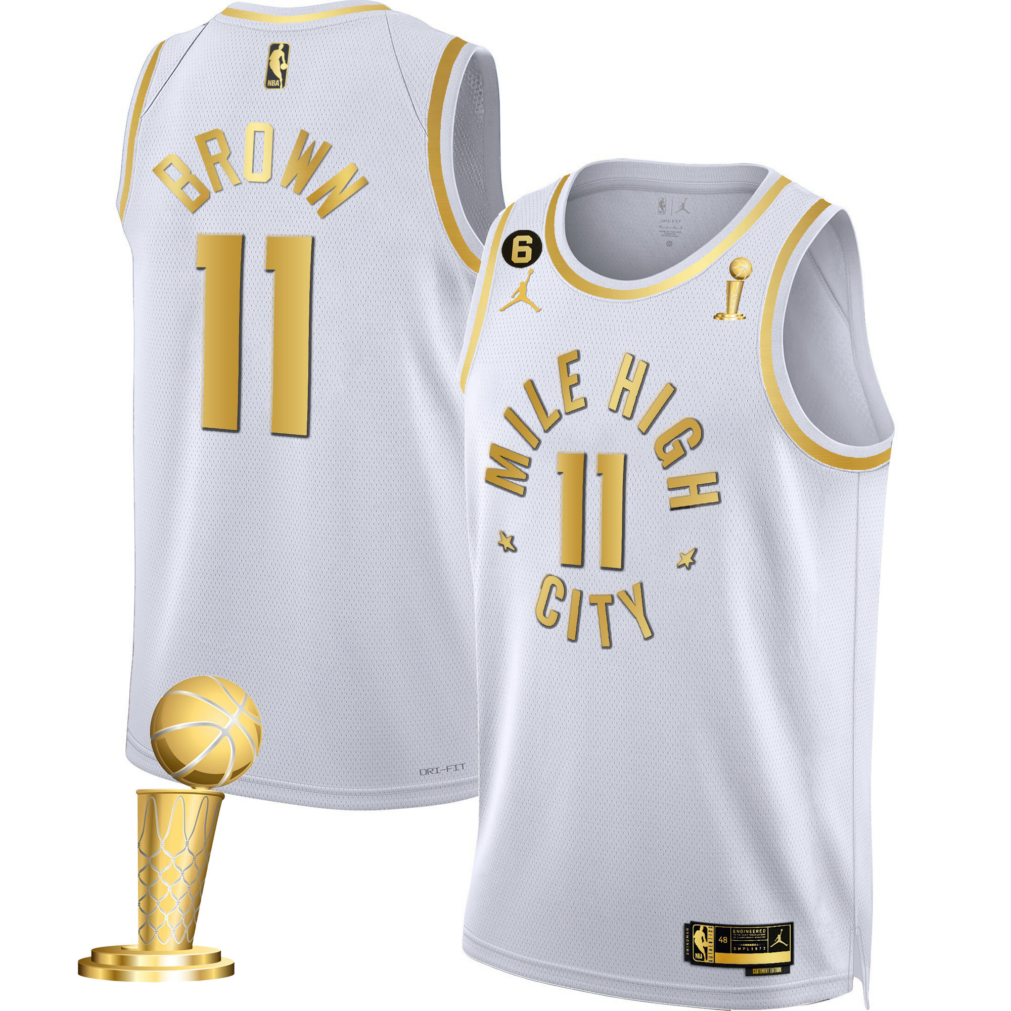 Bruce Brown Men's Denver Nuggets 2023 Champions Black & White Gold Statement White Jersey - All Stitched