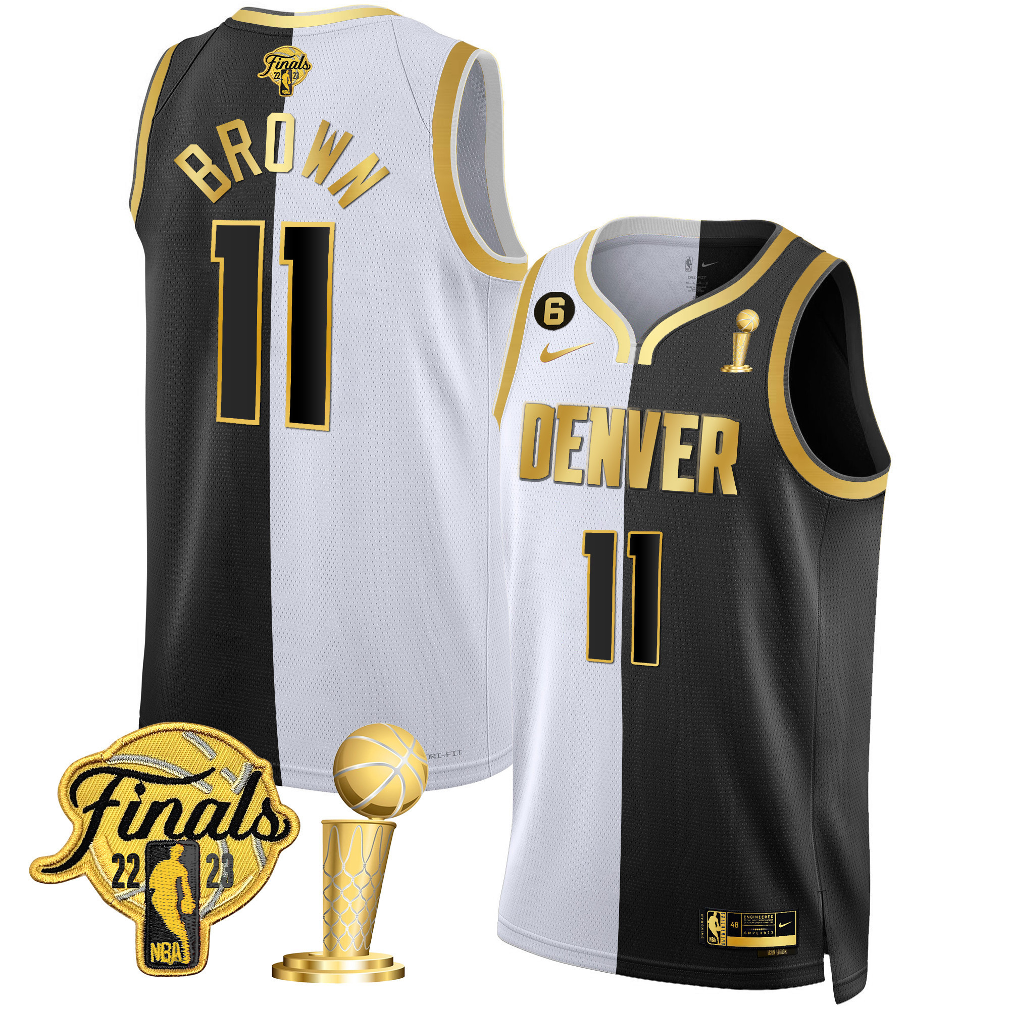 Bruce Brown Men's Denver Nuggets 2023 Finals & Champions Black & White Gold Split Jersey - All Stitched