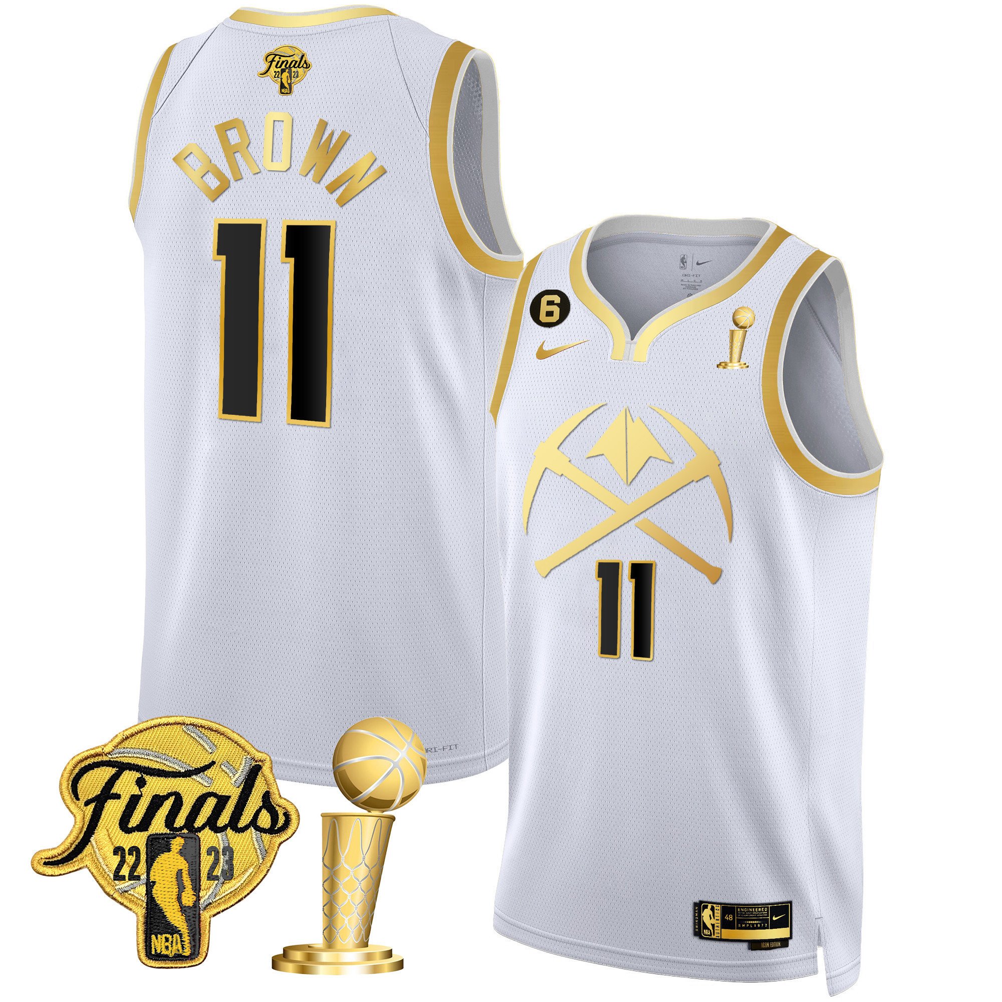 Bruce Brown Men's Denver Nuggets 2023 Finals & Champions Patch Gold Special V2 White Gold Jersey - All Stitched