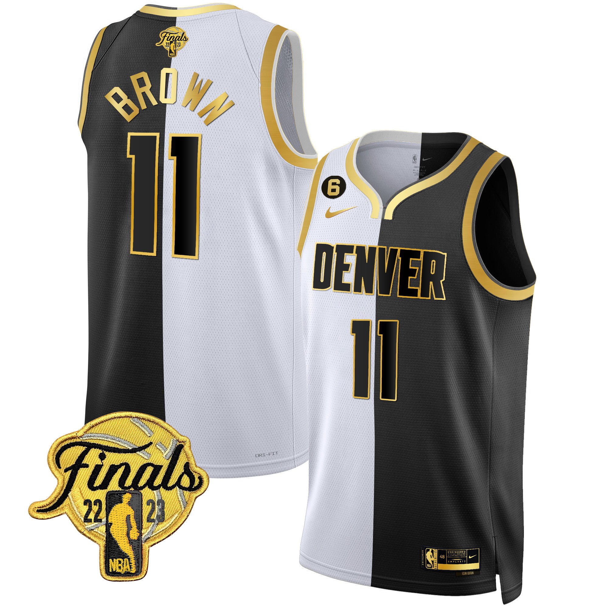Bruce Brown Men's Denver Nuggets 2023 Finals Patch Black & White Gold Split Jersey - All Stitched