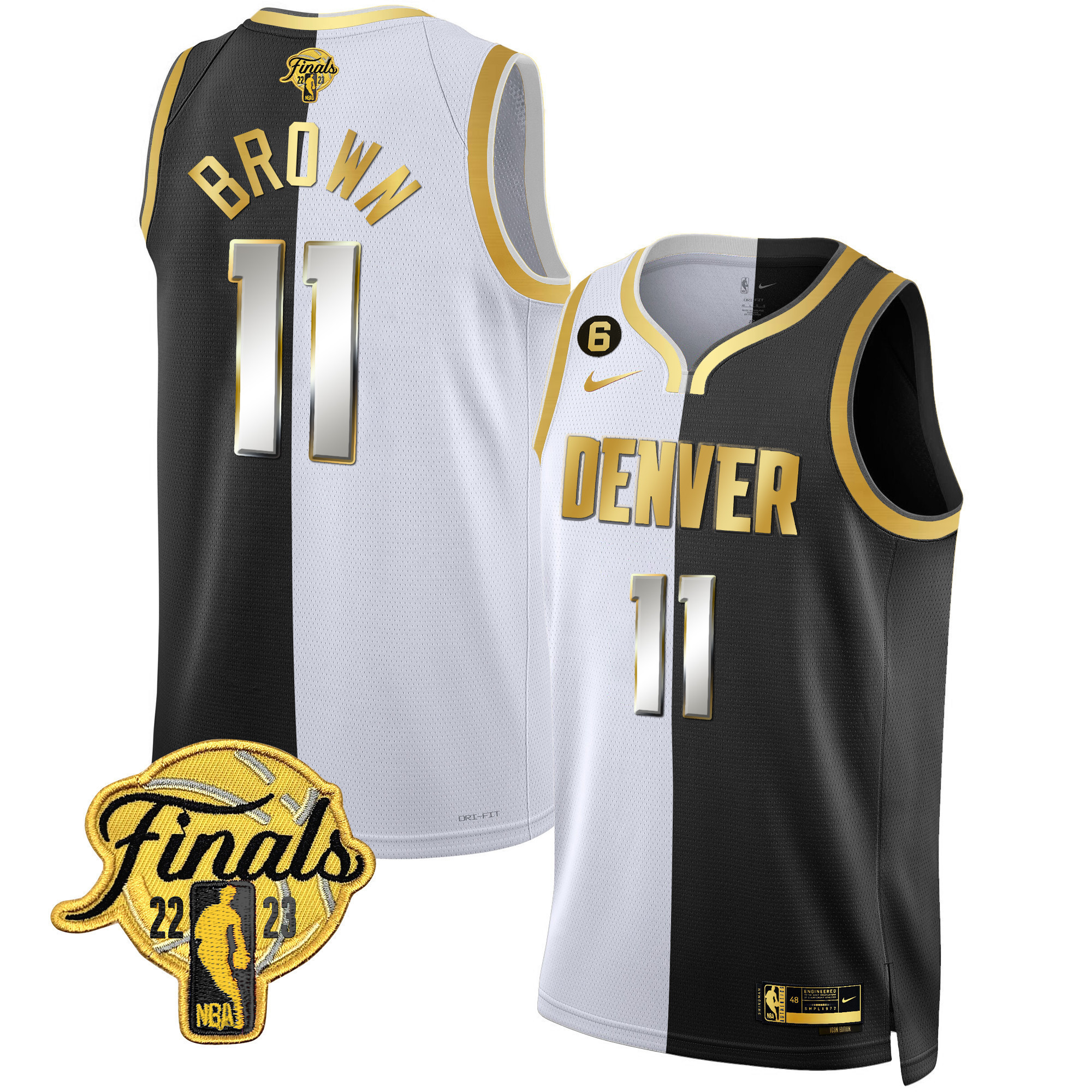 Bruce Brown Men's Denver Nuggets 2023 Finals Patch Black & White Gold Split Limited Jersey - All Stitched