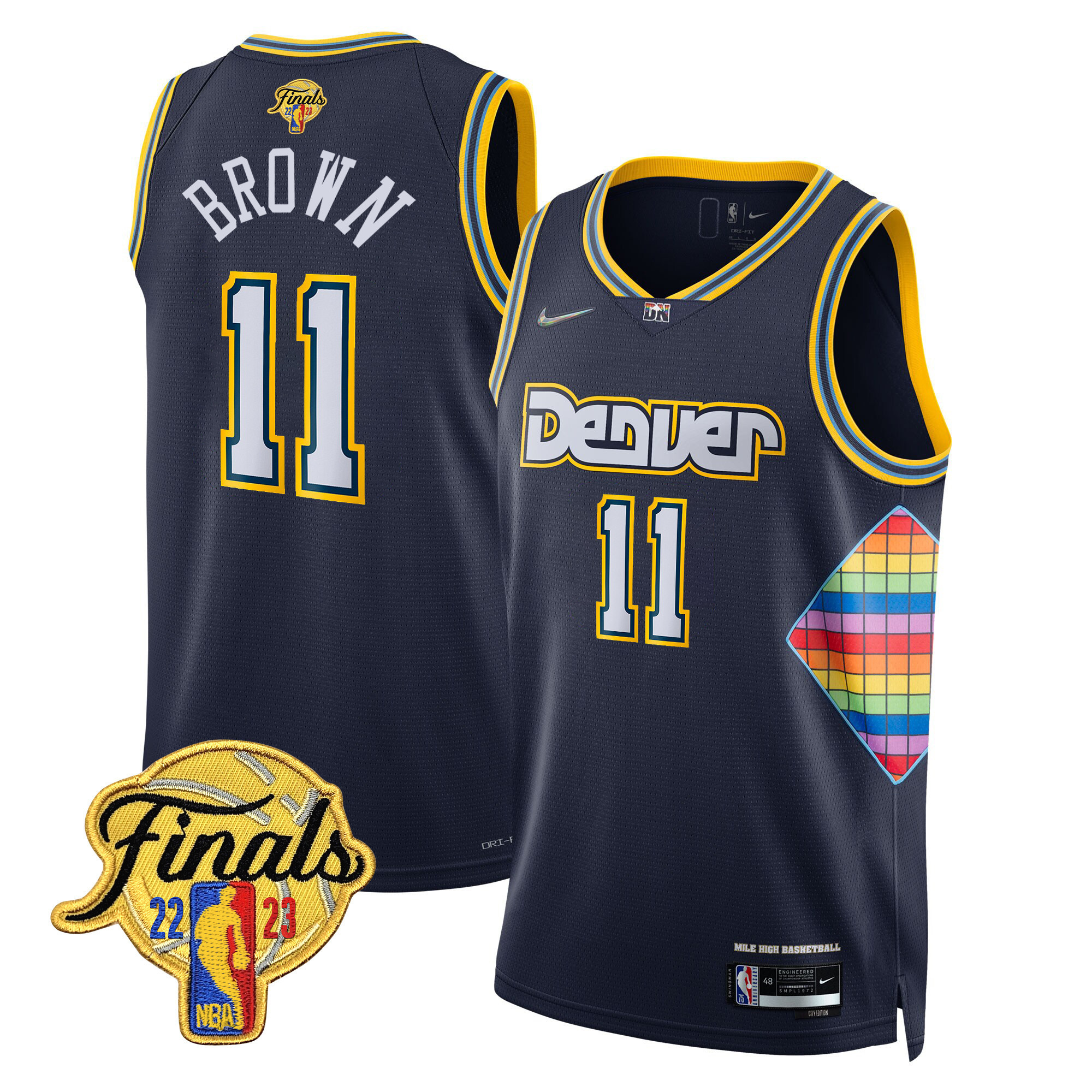 Bruce Brown Men's Denver Nuggets 2023 Finals Patch Gold Trim City Navy Jersey - All Stitched