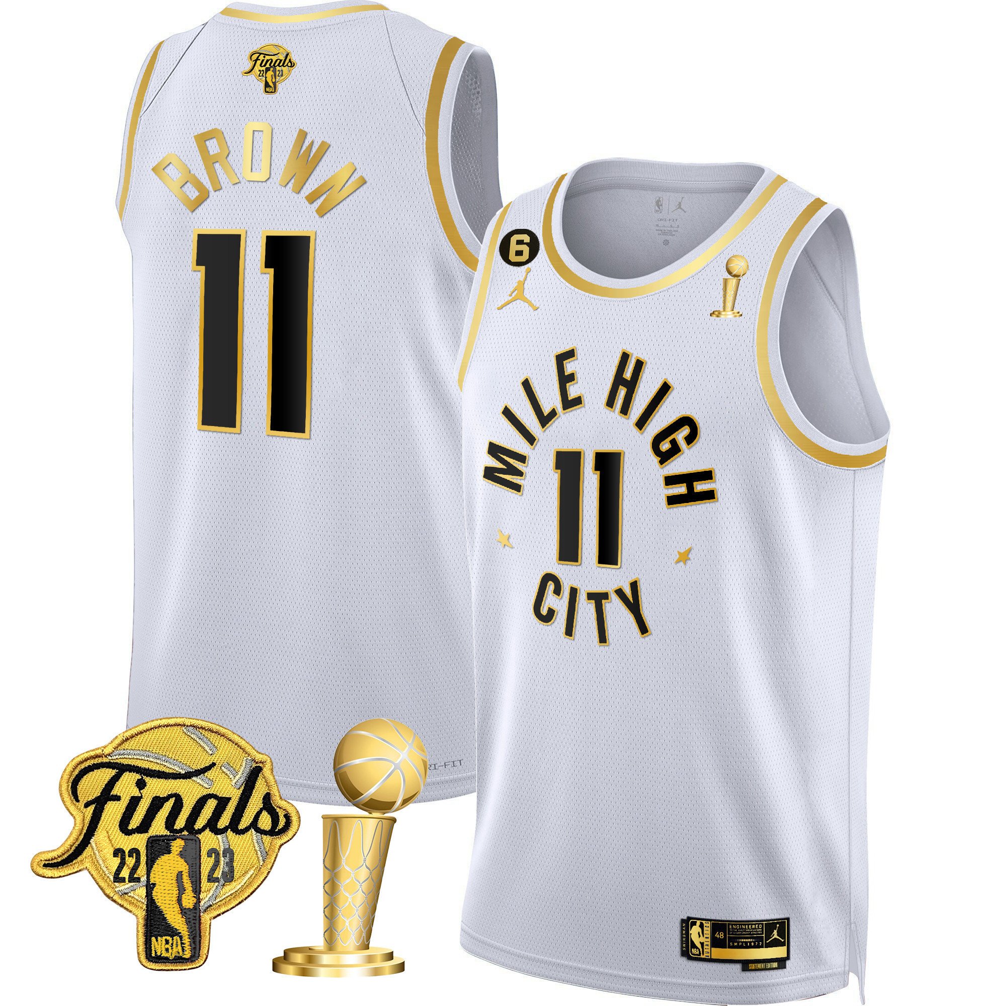 Bruce Brown Youth's Denver Nuggets 2023 Finals & Champions Patch Gold Statement White Jersey - All Stitched
