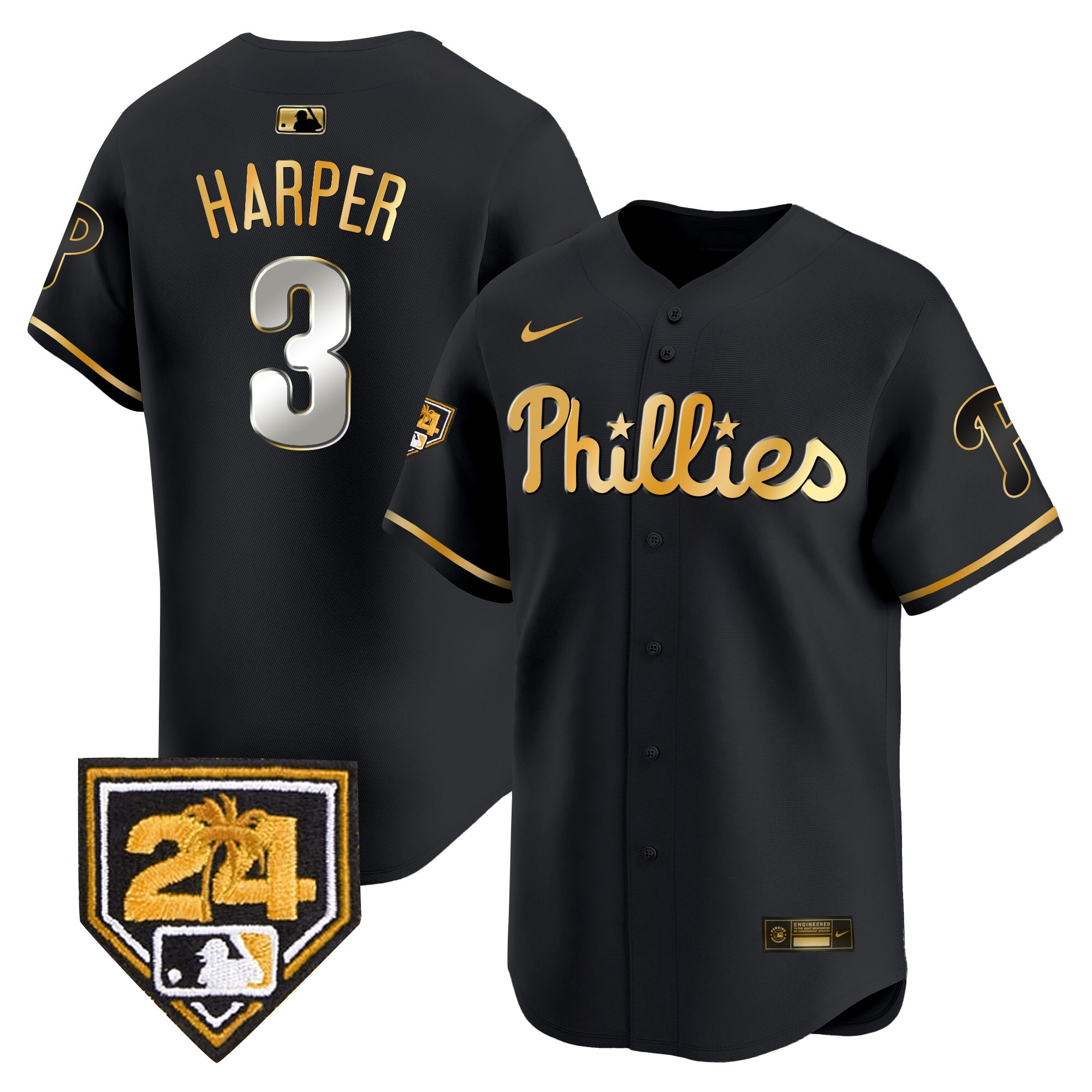 Bryce Harper Men's Philadelphia Phillies 2024 Spring Training Patch Vapor Premier Limited Black Gold Jersey - All Stitched