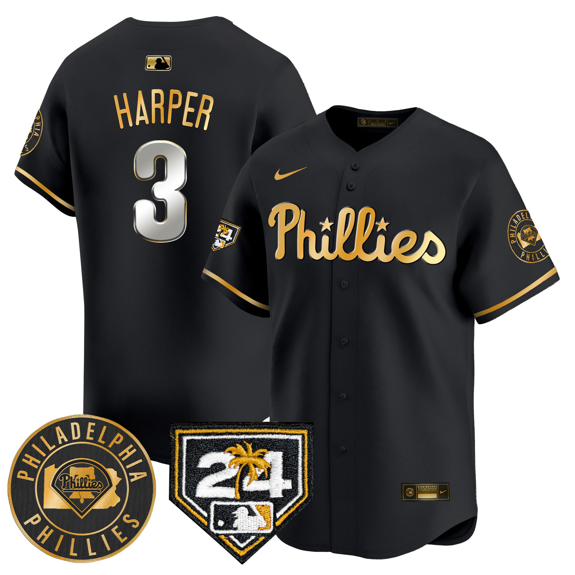 Bryce Harper Men's Philadelphia Phillies 2024 Spring Training Patch Vapor Premier Limited V2 Black Gold Jersey - All Stitched