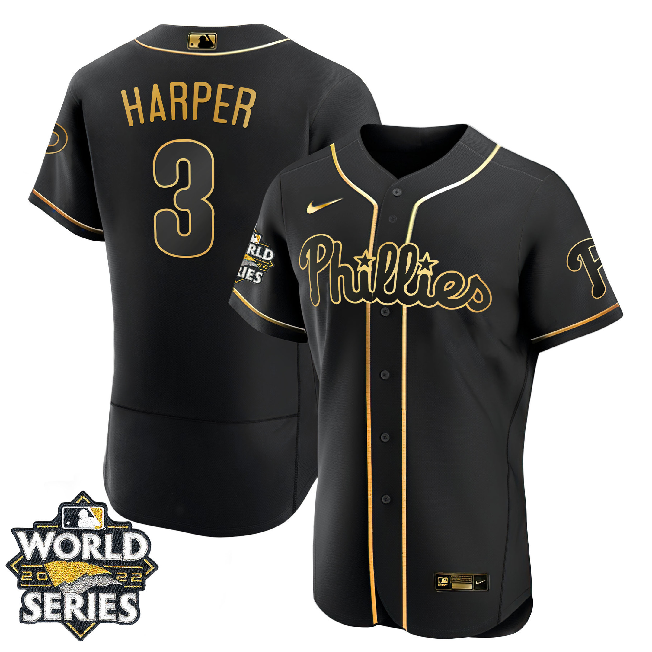 Bryce Harper Men's Philadelphia Phillies Gold 2022 World Series Flex Black Jersey - All Stitched