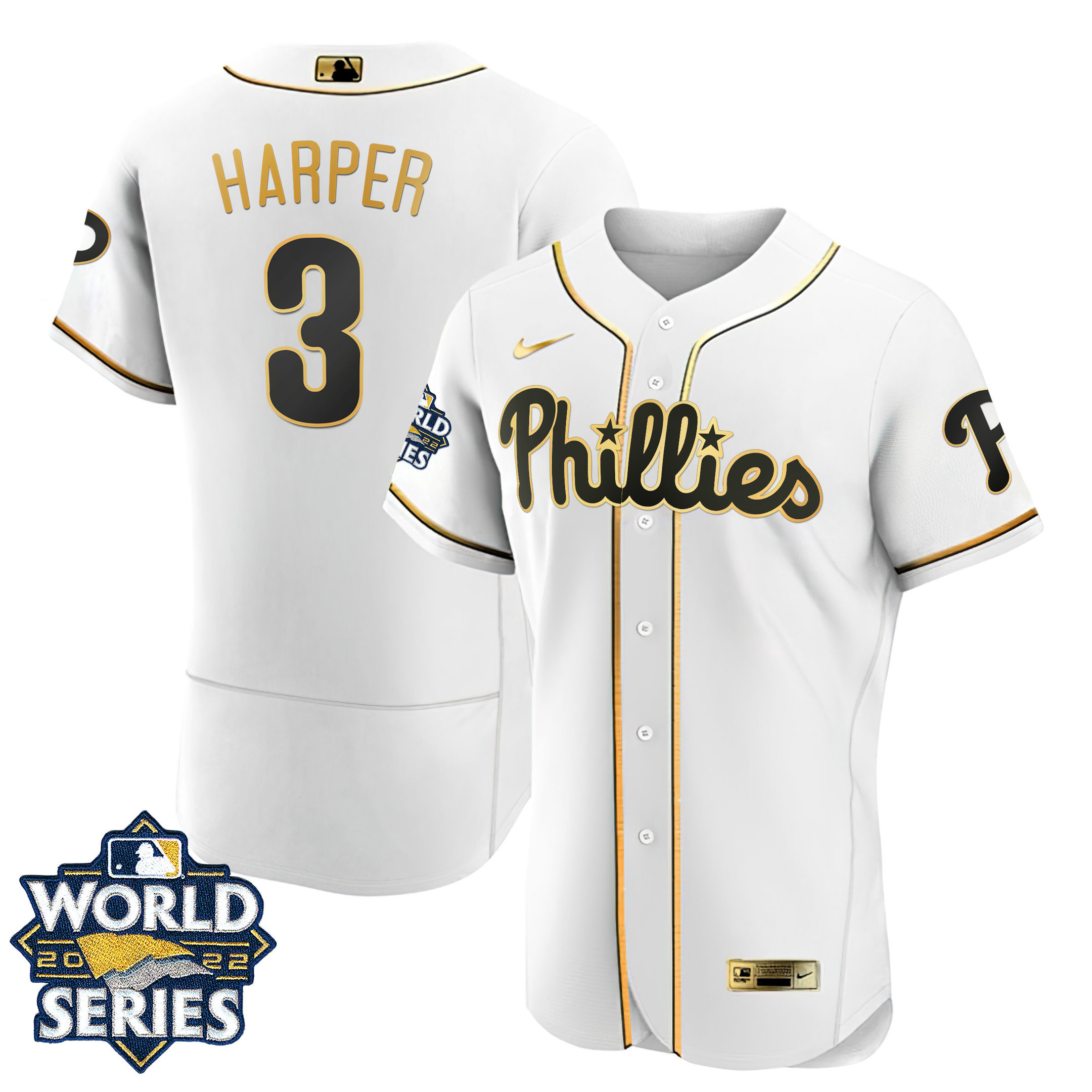 Bryce Harper Men's Philadelphia Phillies Gold 2022 World Series Flex White Jersey - All Stitched