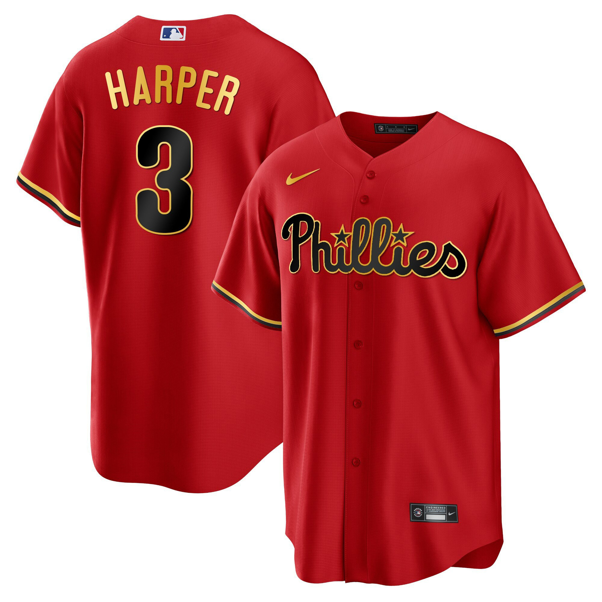 Bryce Harper Men's Philadelphia Phillies Gold Trim Cool Red Jersey - All Stitched