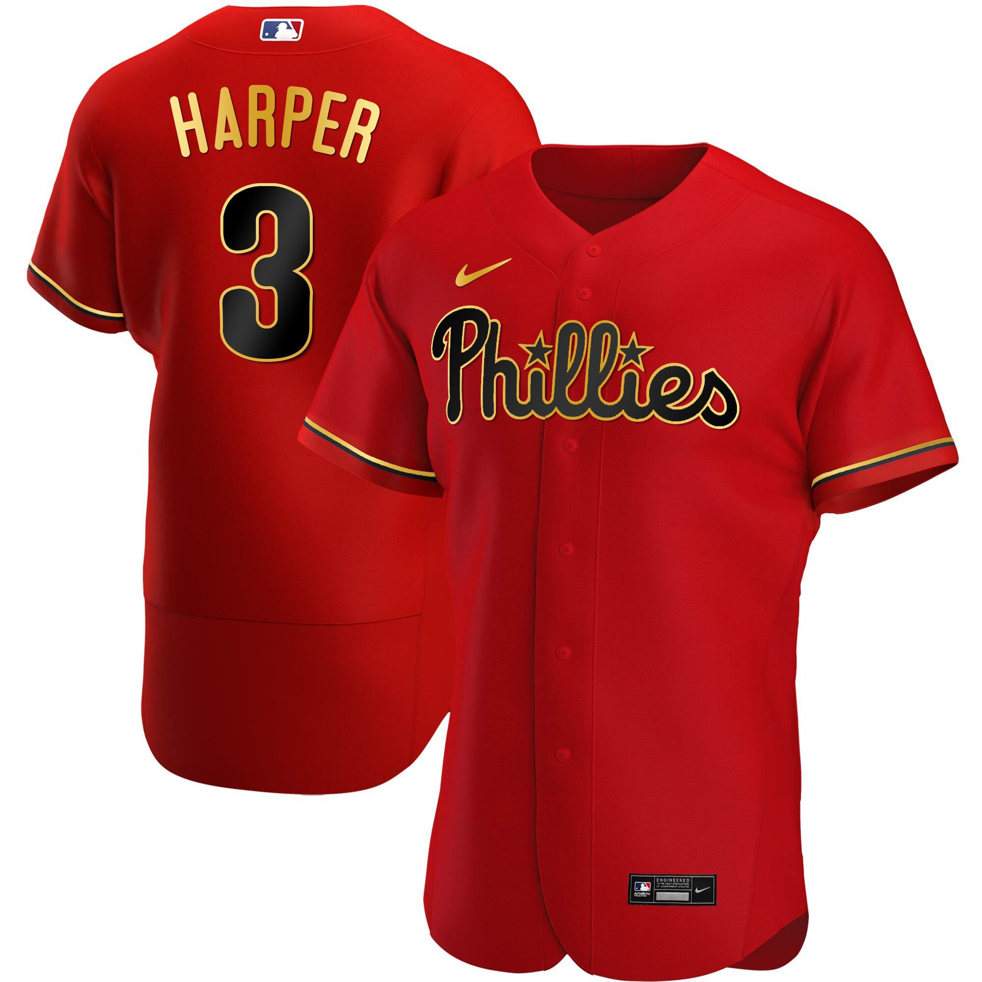Bryce Harper Men's Philadelphia Phillies Gold Trim Flex Red Jersey - All Stitched