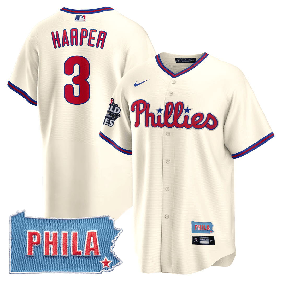 Bryce Harper Men's Philadelphia Phillies PHILA PA State Patch Cream Jersey - All Stitched