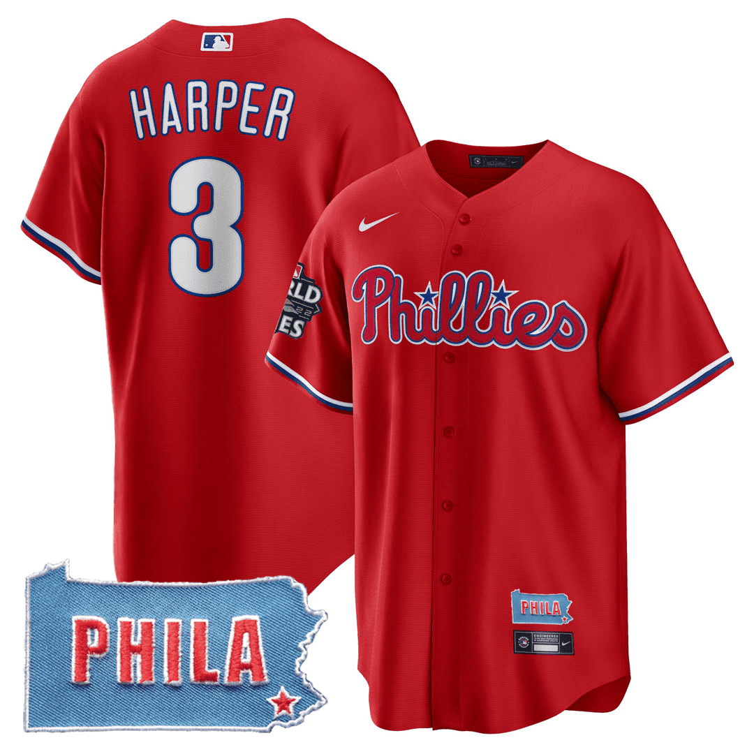 Bryce Harper Men's Philadelphia Phillies PHILA PA State Patch Red Jersey - All Stitched