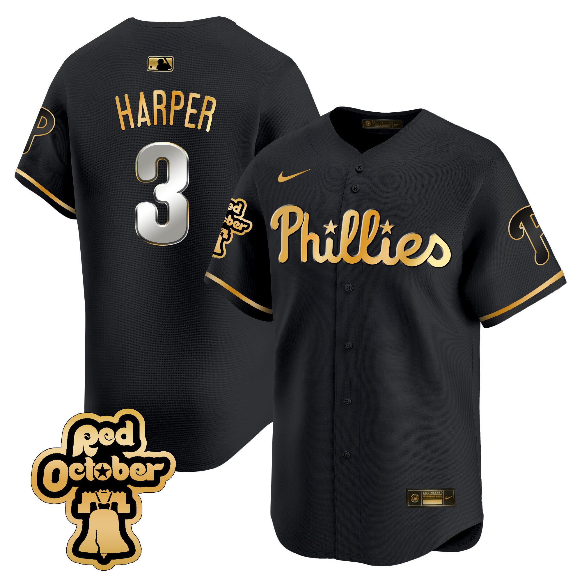 Bryce Harper Men's Philadelphia Phillies Red Octorber Patch Vapor Premier Limited Black Gold Jersey - All Stitched