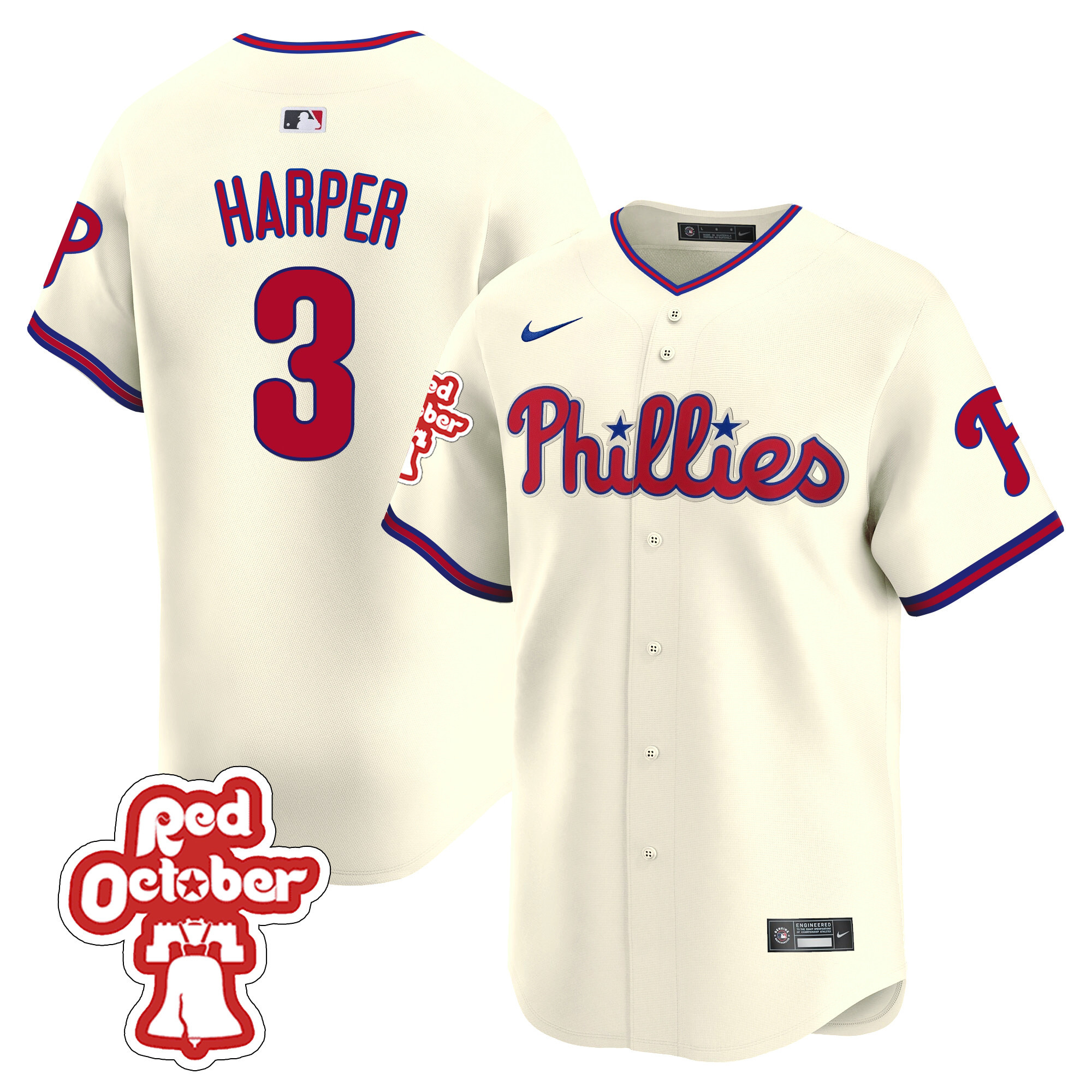 Bryce Harper Men's Philadelphia Phillies Red Octorber Patch Vapor Premier Limited Cream Jersey - All Stitched