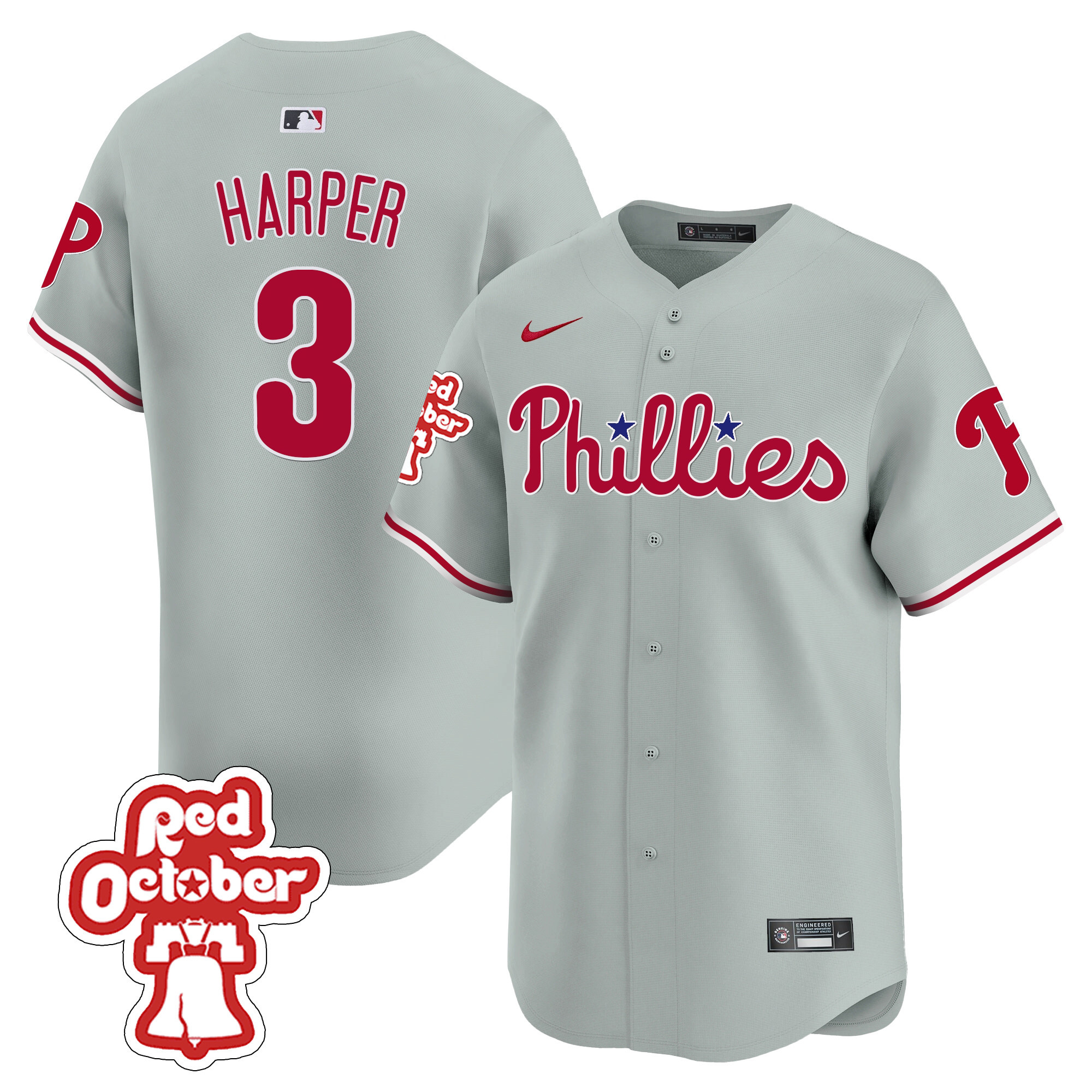 Bryce Harper Men's Philadelphia Phillies Red Octorber Patch Vapor Premier Limited Gray Road Jersey - All Stitched