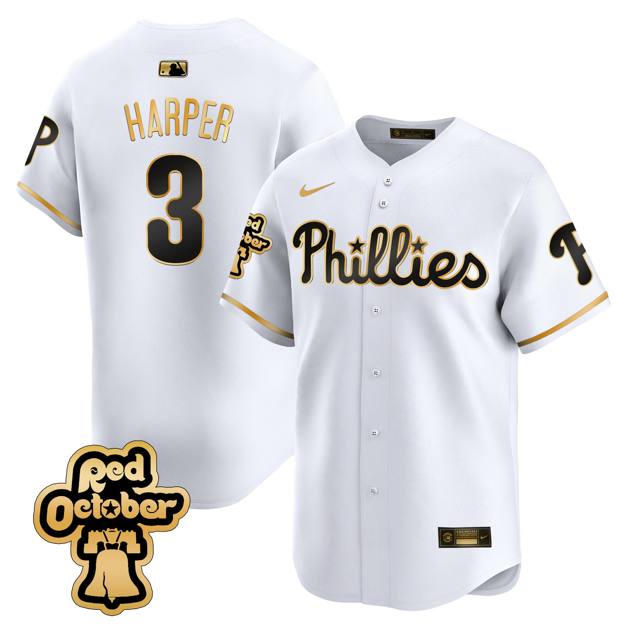 Bryce Harper Men's Philadelphia Phillies Red Octorber Patch Vapor Premier Limited White Gold Jersey - All Stitched