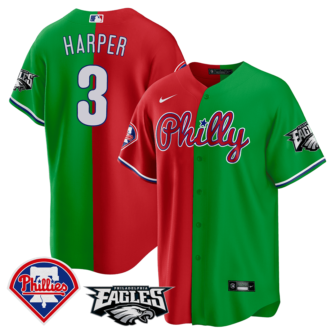 Bryce Harper Men's Split Philadelphia Phillies - Eagles Cool Base Red - Green Jersey - All Stitched