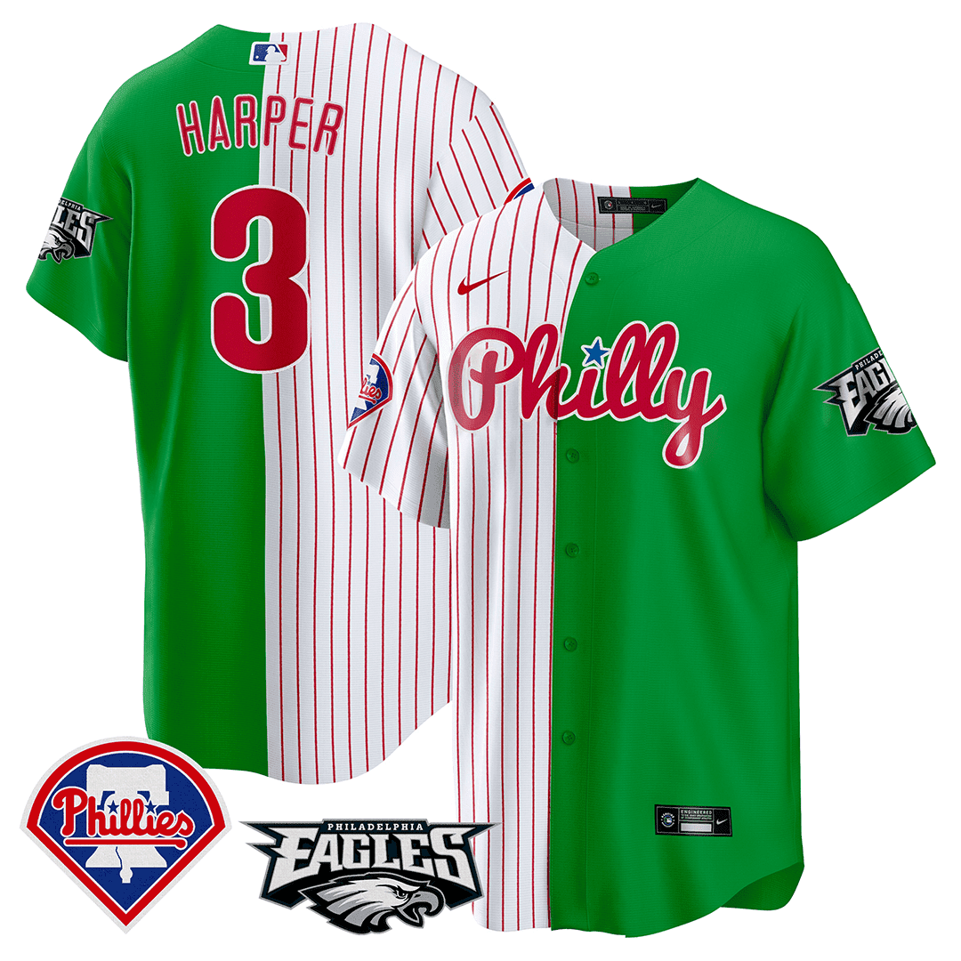 Bryce Harper Men's Split Phillies - Philadelphia Eagles Cool Base Stripes - Green Jersey - All Stitched