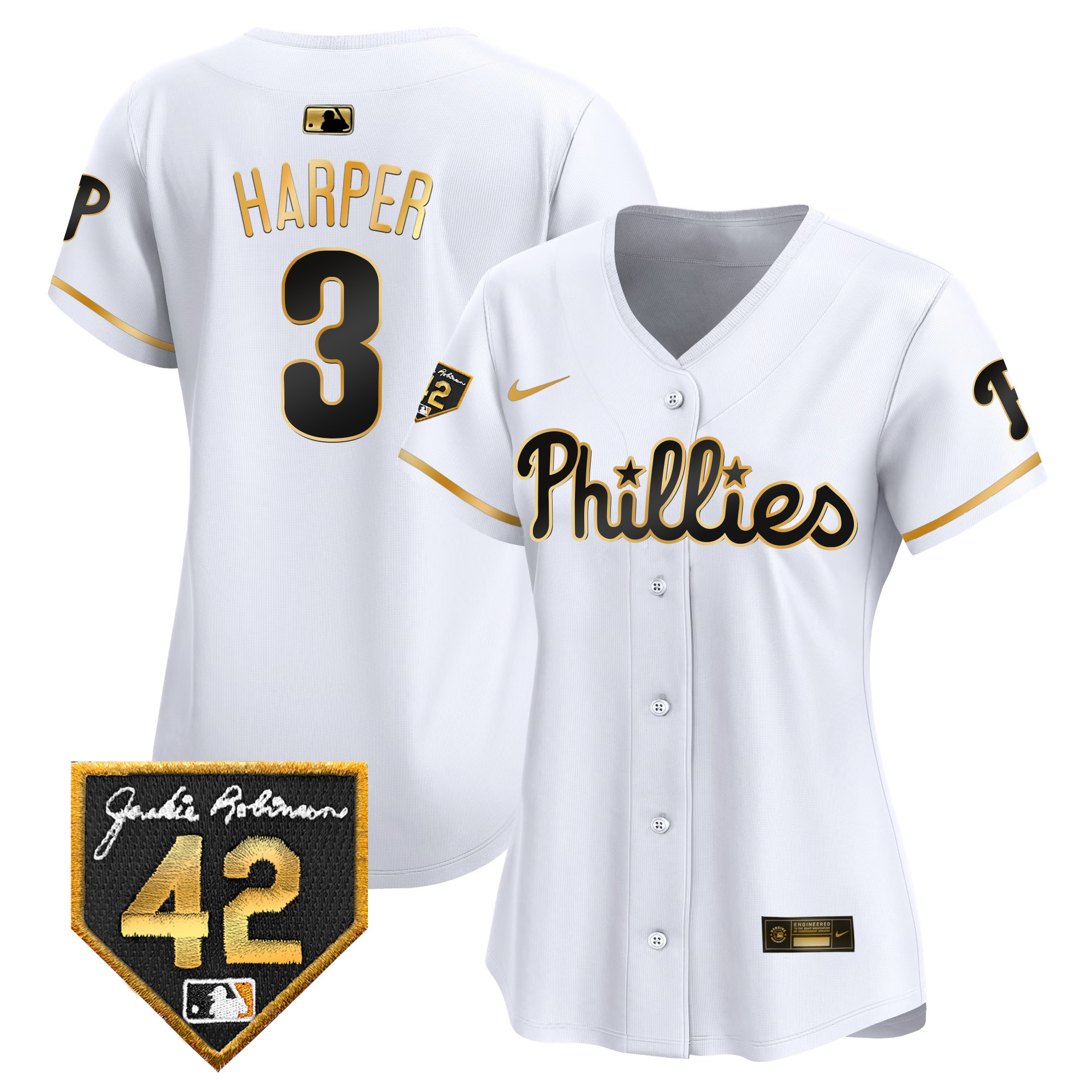 Bryce Harper Women's Philadelphia Phillies 2024 Jackie Robinson Patch Vapor Premier Limited White Gold Jersey - All Stitched