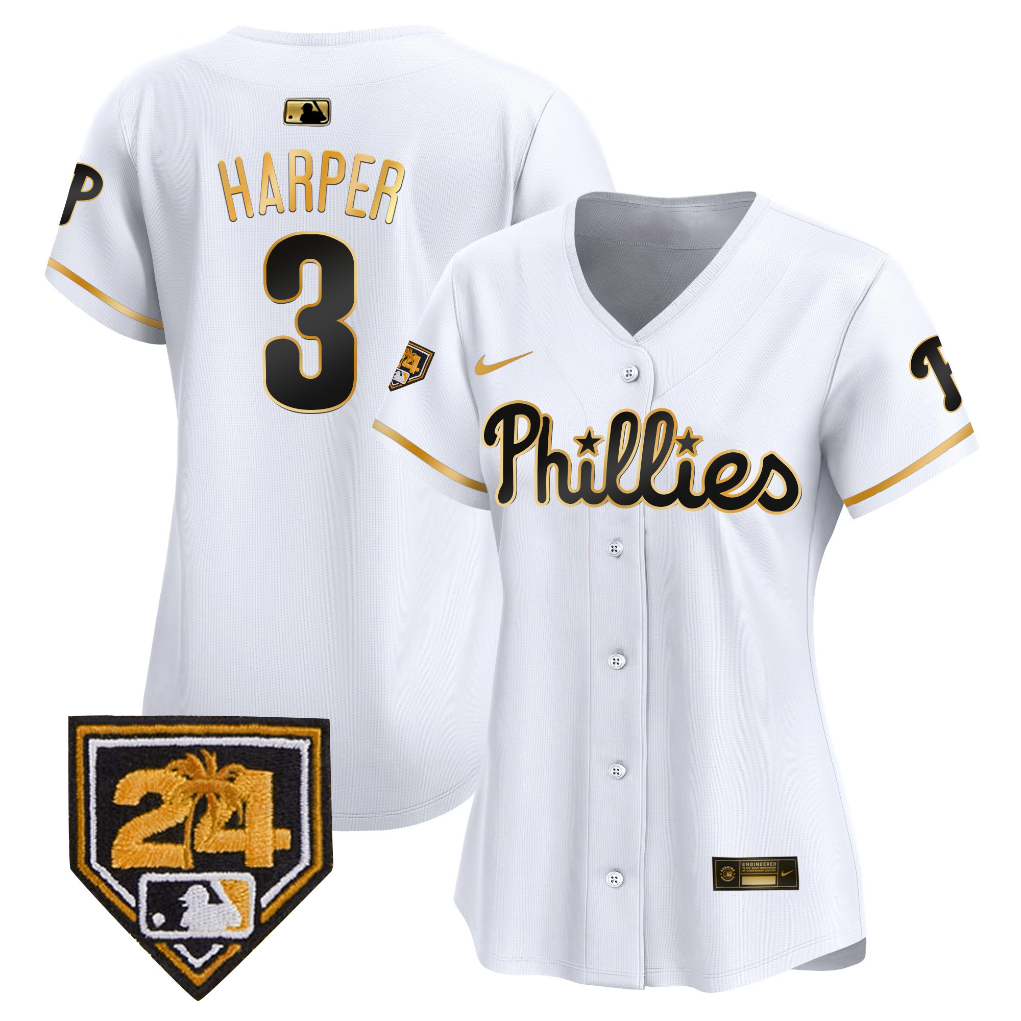 Bryce Harper Women's Philadelphia Phillies 2024 Spring Training Patch Vapor Premier Limited White Gold Jersey - All Stitched